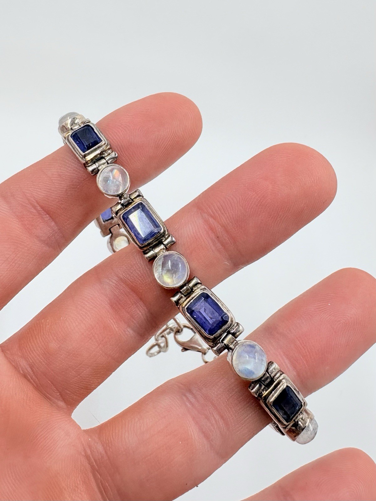 Vintage Iolite & Moonstone Bracelet Sterling Silver Adjustable Length 21.1 Grams