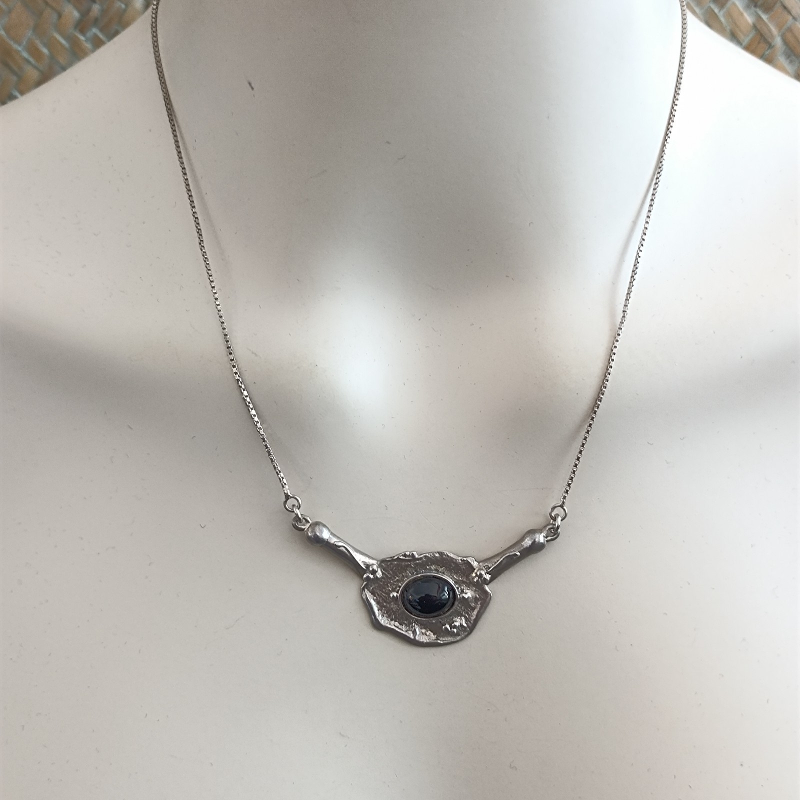 Modernist Silver Onyx Necklace Artisan Freeform Bib Brutalist Israel Art Vintage