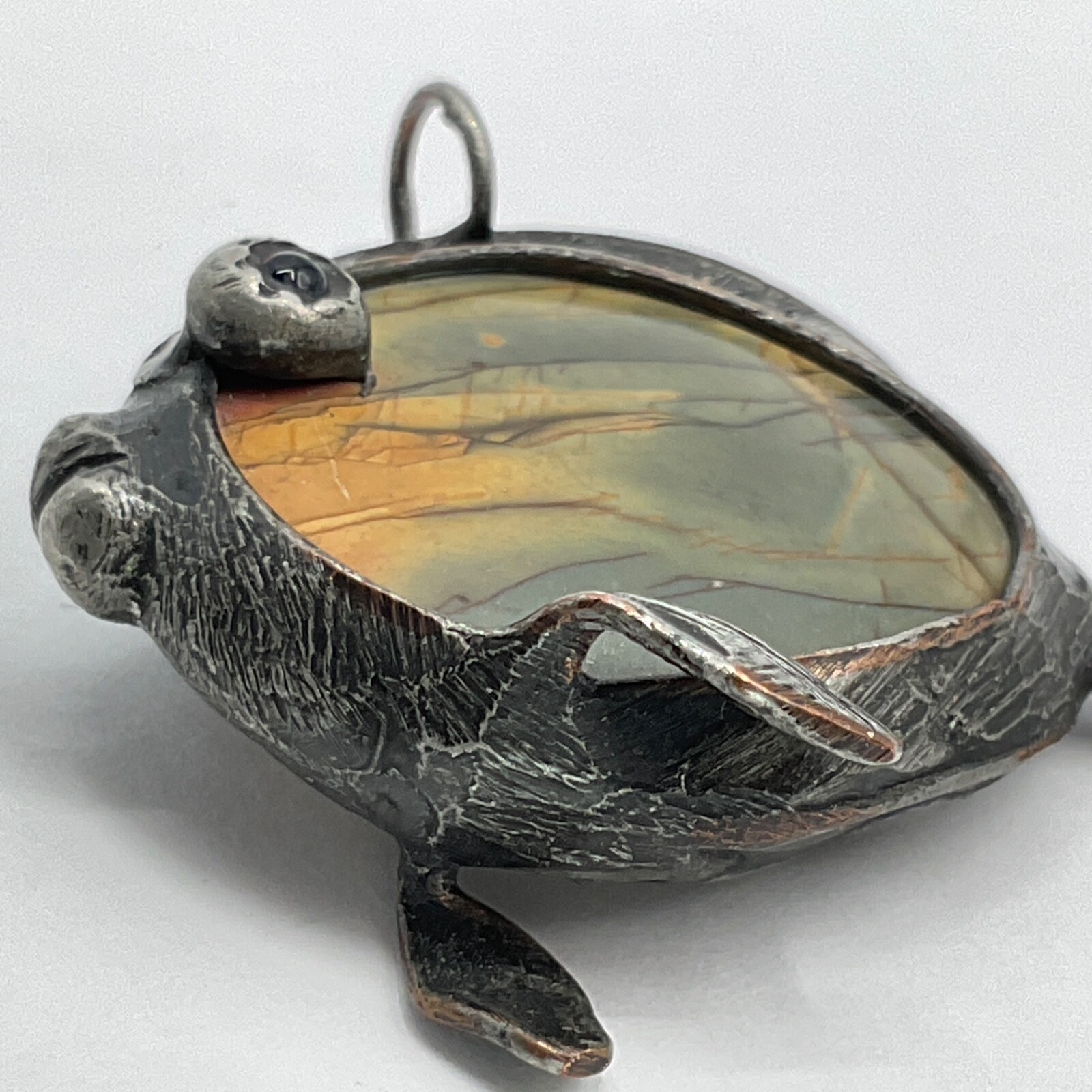 VTG Pendant Fish Jasper Gem Stone Metal Copper Artisan Handmade One of a Kind