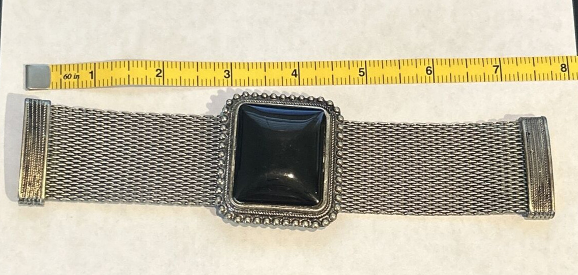 Chunky Vintage Look Silver Tone With Black Central Stone Art Deco Mesh Bracelet