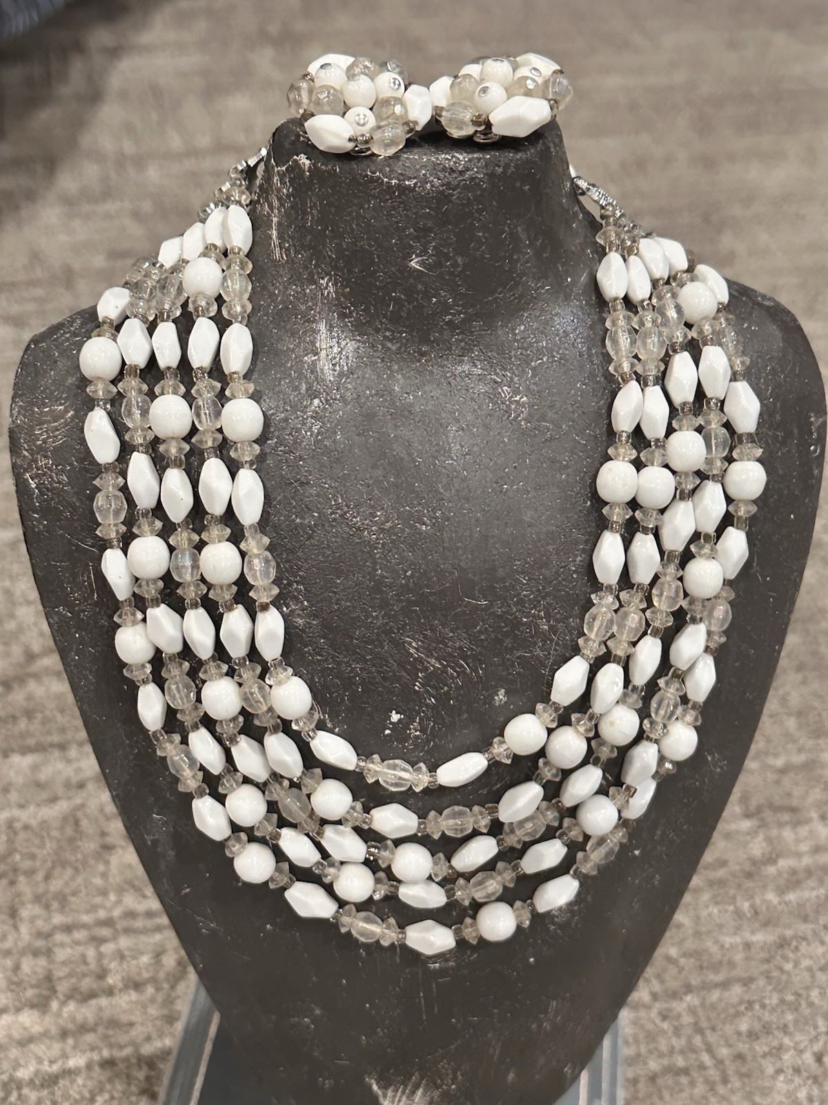 WEST GERMAN JAPAN WHITE BLACK GLASS LUCITE BEAD NECKLACE CLIP ON EARRING SET LOT