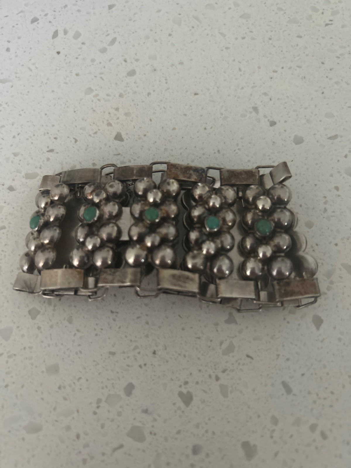Vintage Silver Mexican Modernist Caviar Link Bracelet W/Small Cabochon Turq Ston