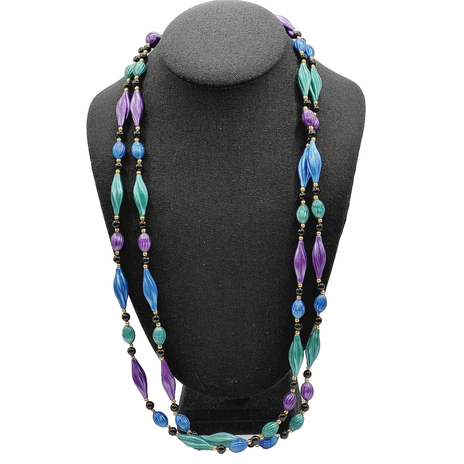 Peacock Colors Purple & Blues Gold Tone Acrylic Lucite Beaded Vintage Necklace
