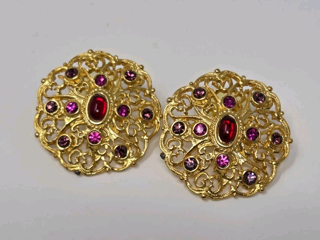 Gold Tone Filigree Earrings w/ Red Cabochons & Purple Pink Rhinestones Vintage