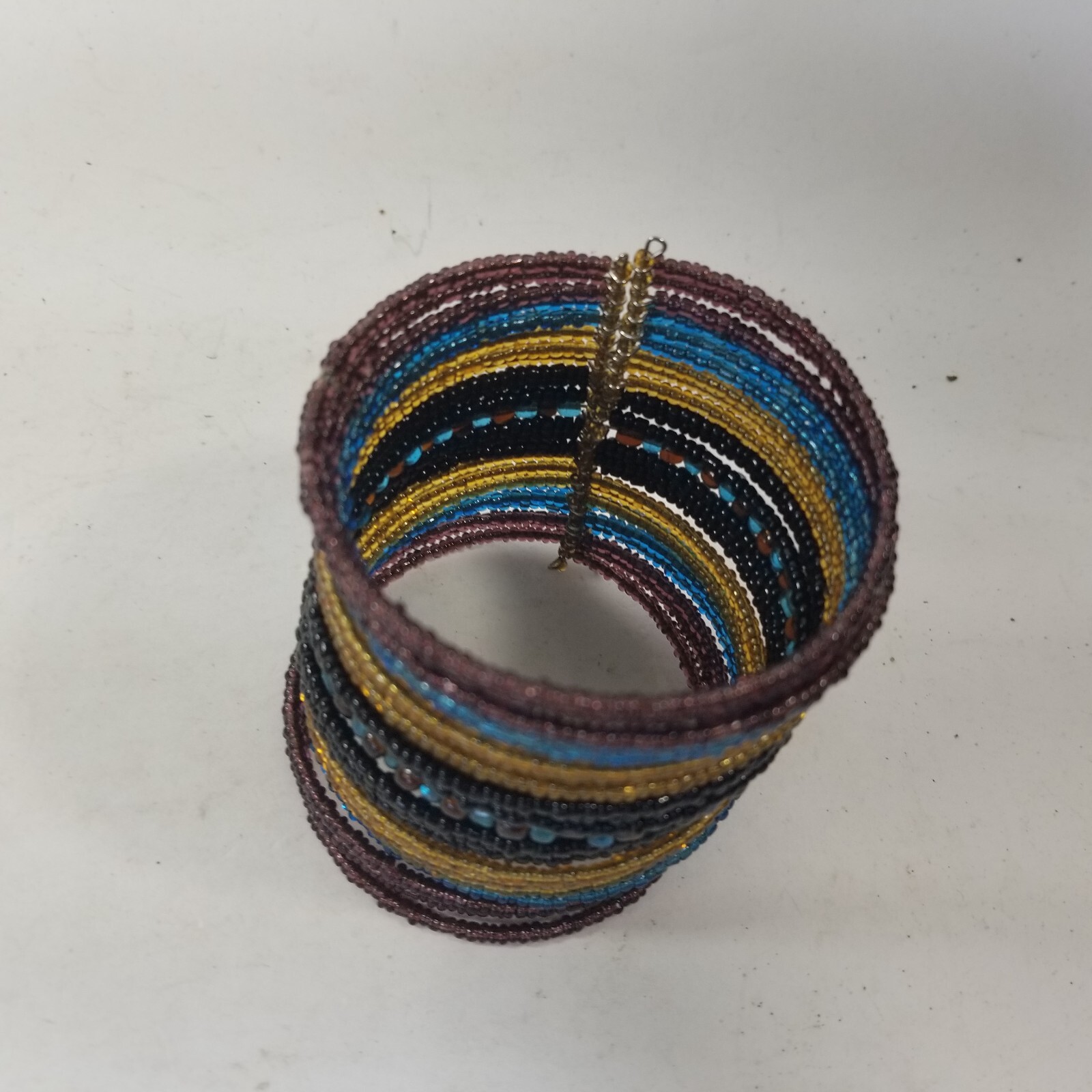 Seed Bead Cuff Bracelet Blue Yellow Black Boho Extra wide