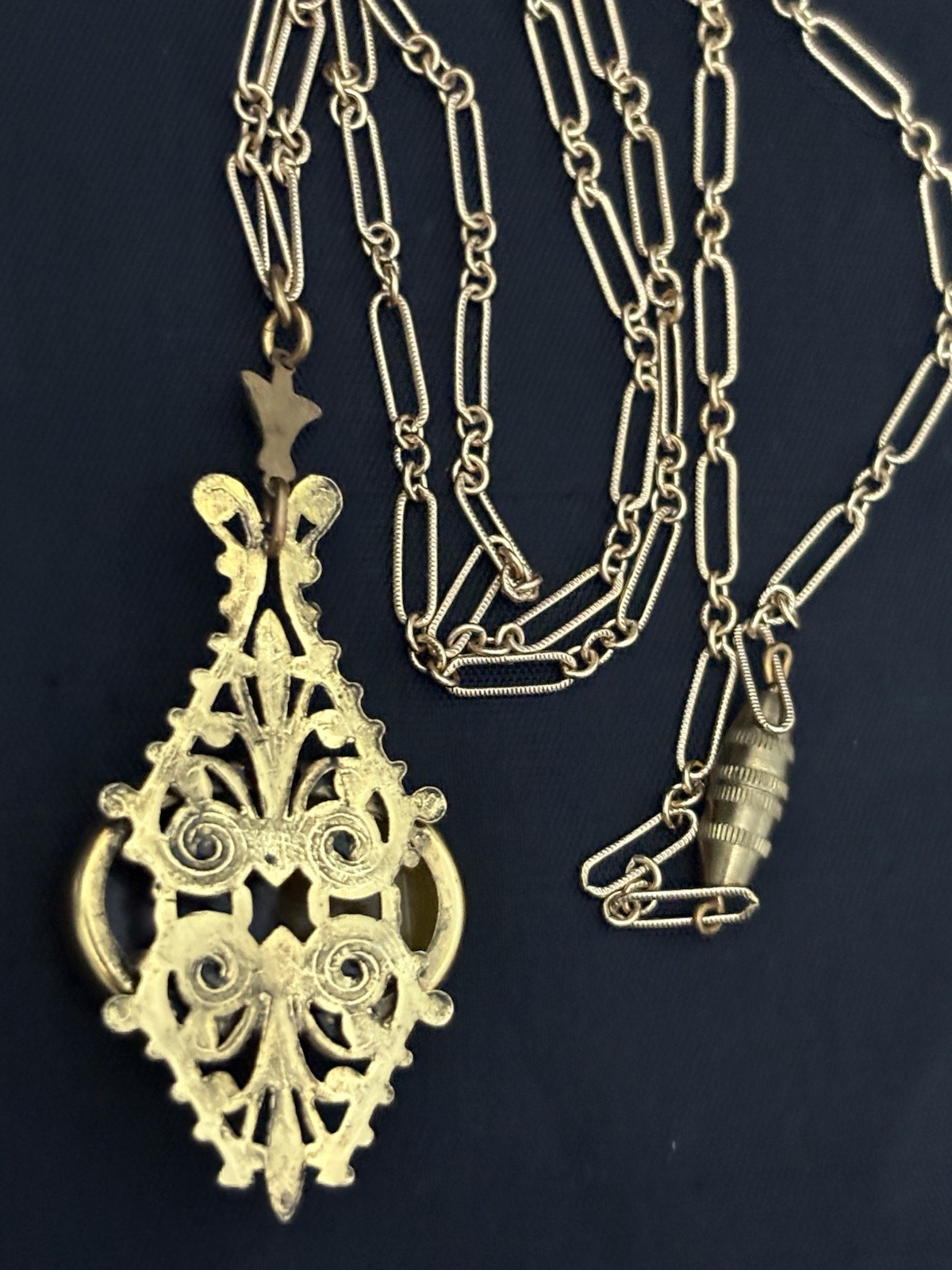 victorian Revival Cameo Pendant Necklace Gold Tone equestrian Horse Chariot 19”