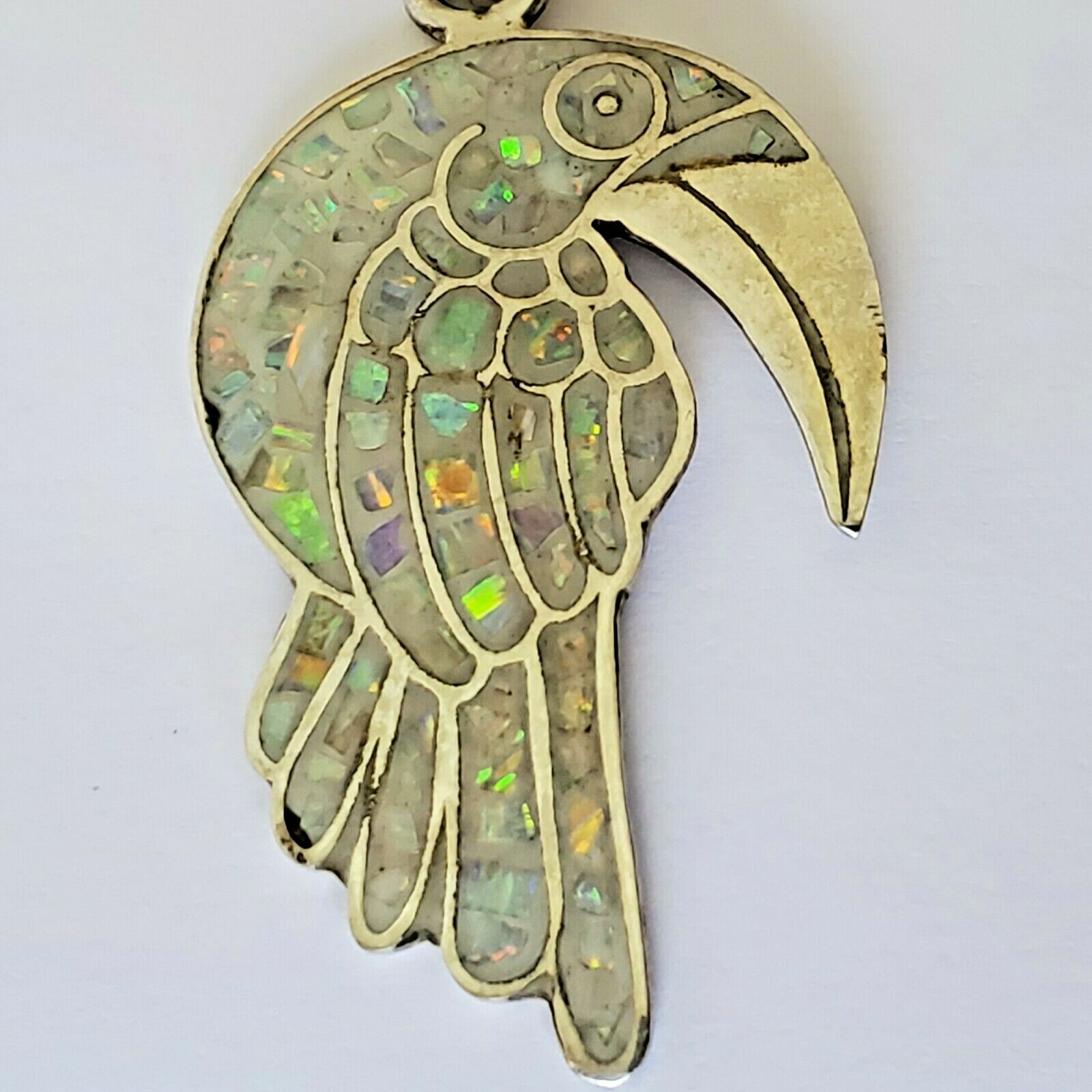 Vintage 925 Sterling Silver Iridescent Faux Opal Chip Inlay Toucan Large Pendant
