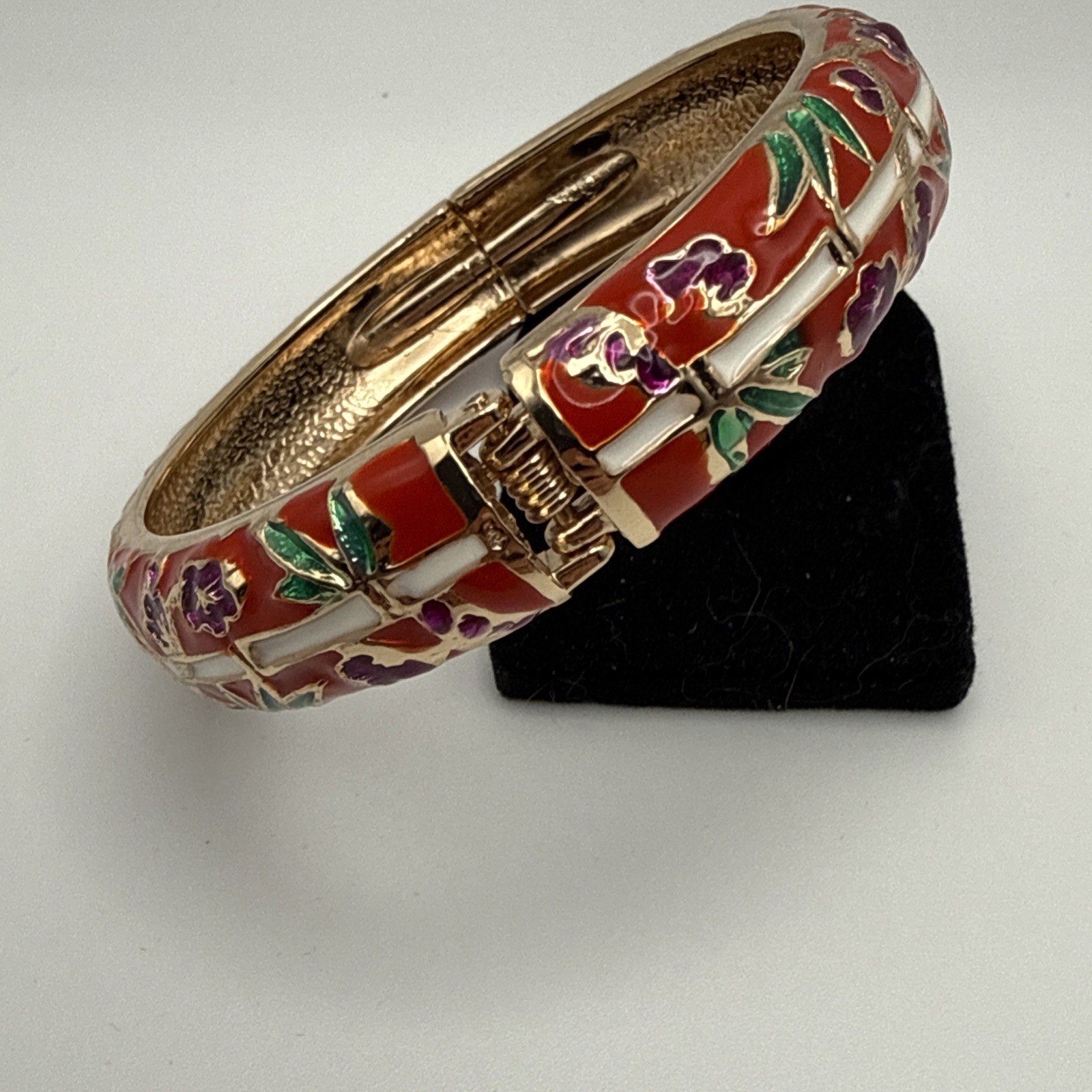 Jiu Long Xing- Red, Purple, White, Green Enamel Hinged Bangle Bracelet- Signed
