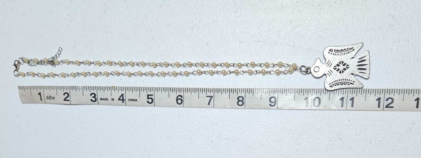 Vintage Silver Thunderbird Pendant Necklace Faux Pearl Beaded Chain Jewelry