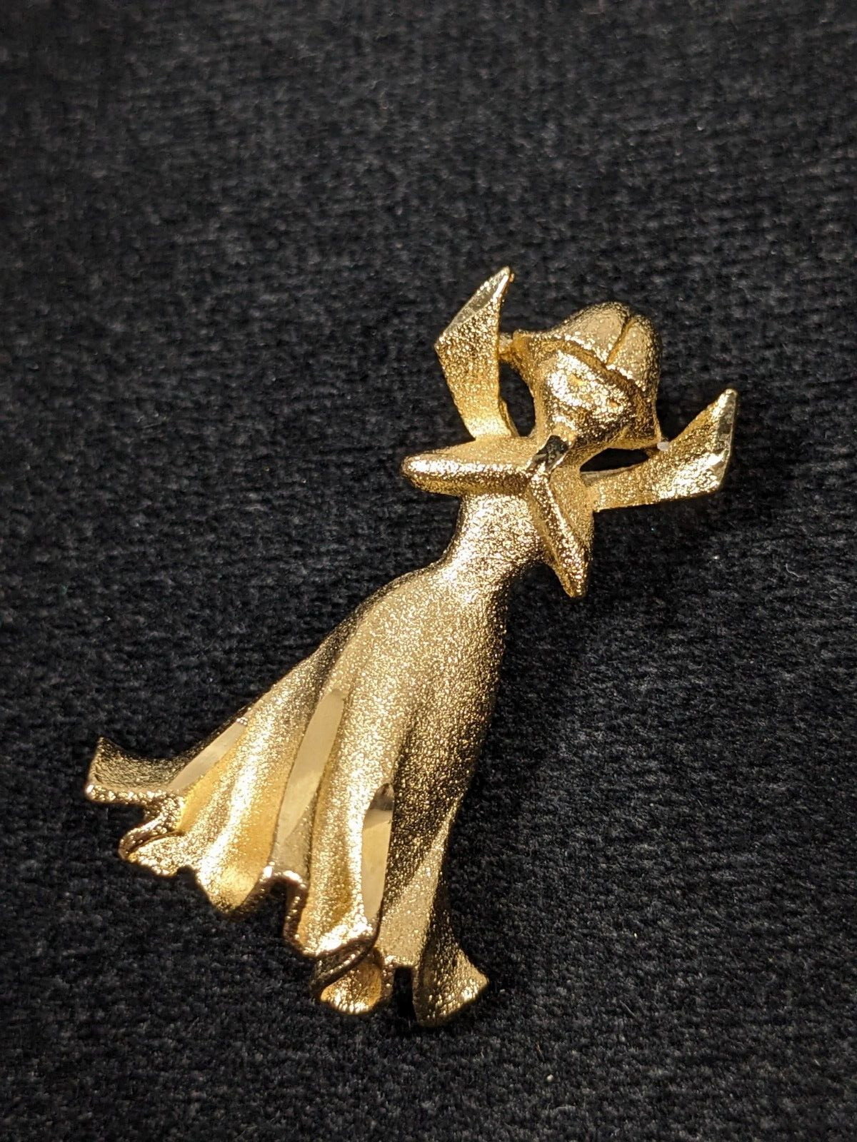 Vintage Praying Angel Pin Gold tone Matte Filigree Brooch Mid Century