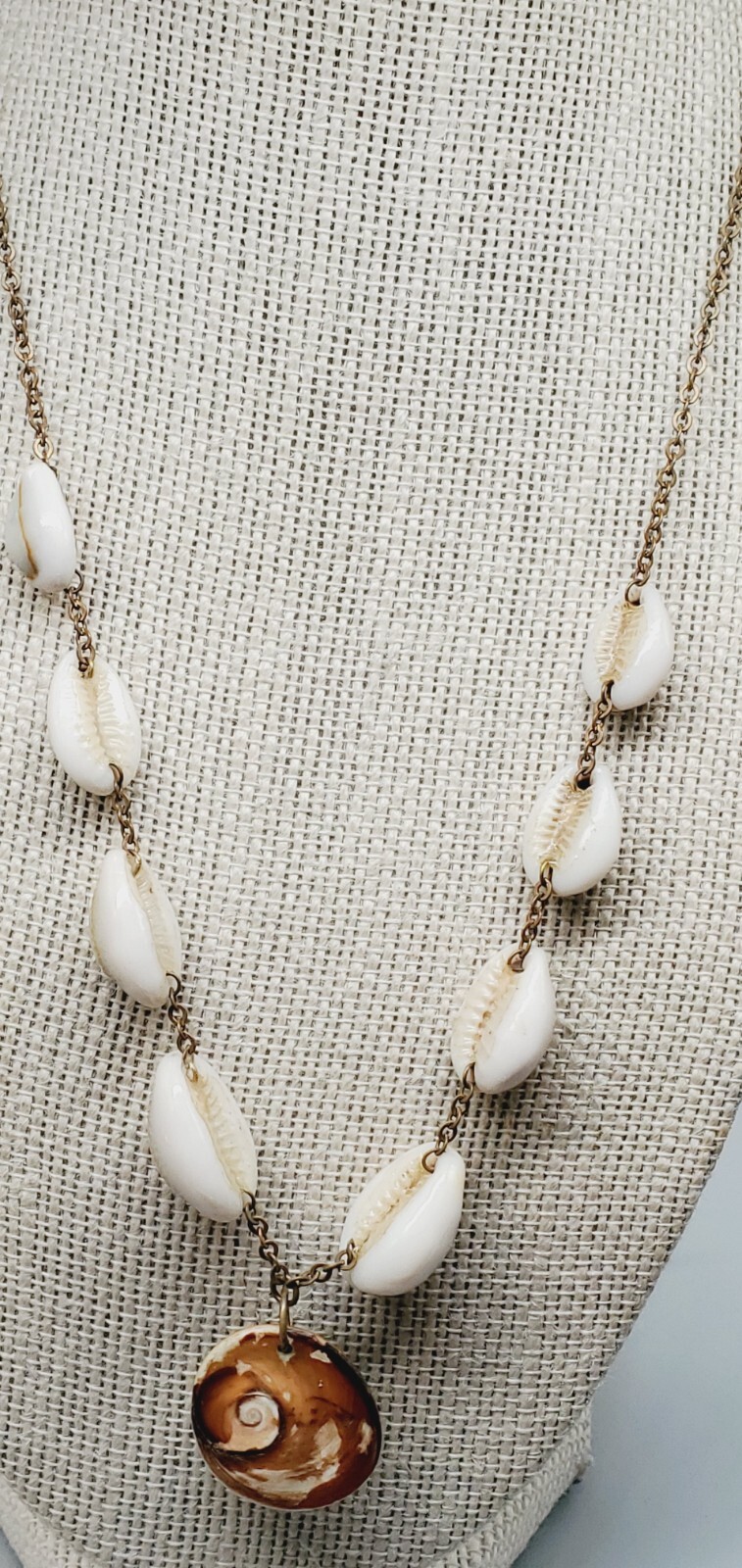 Creamy & Brown Cowrie Shells w/ green and brown sea pendant necklace ne02