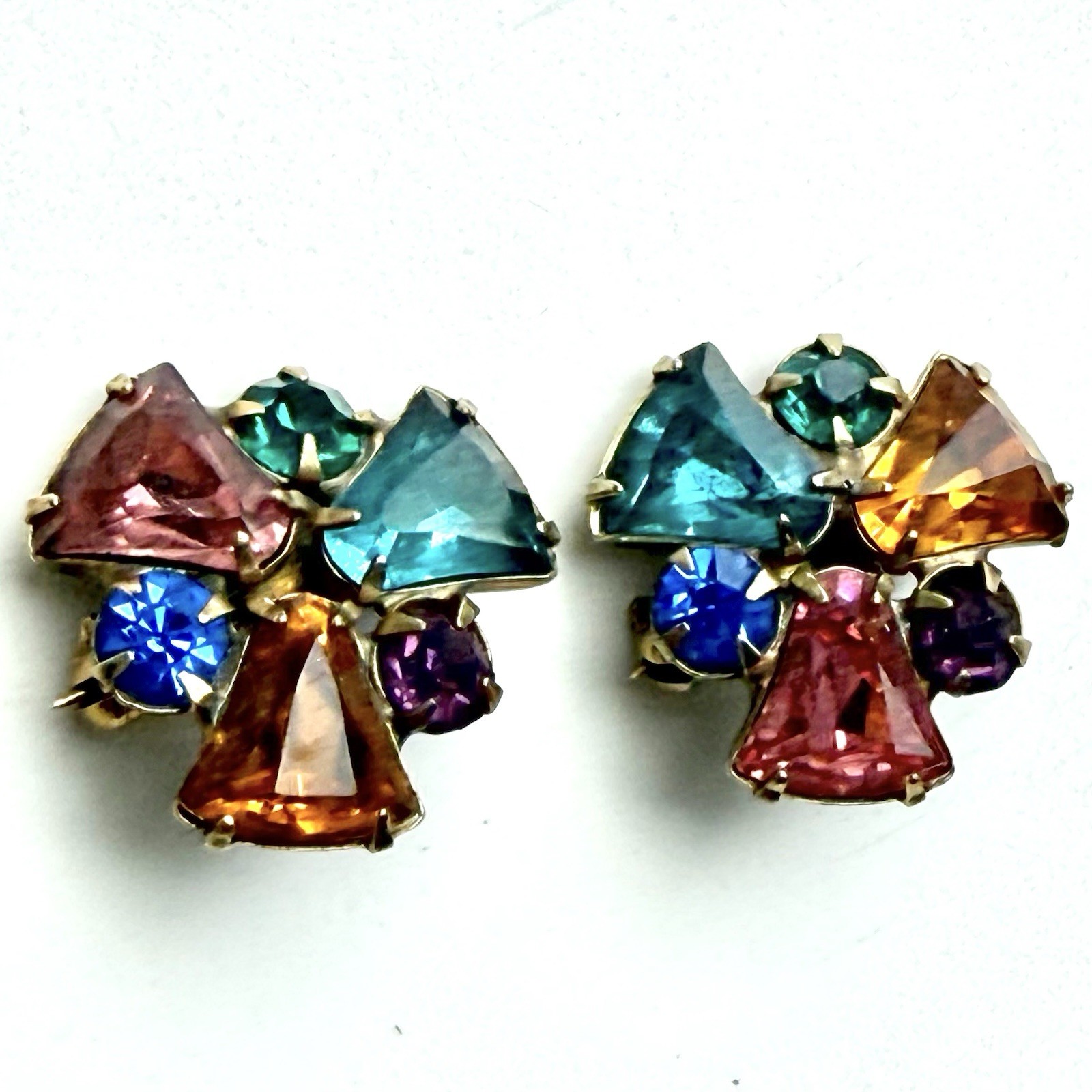 Vintage Rhinestone Scatter Collar Brooch / Pin Pair Multicolor Stones Gold Tone