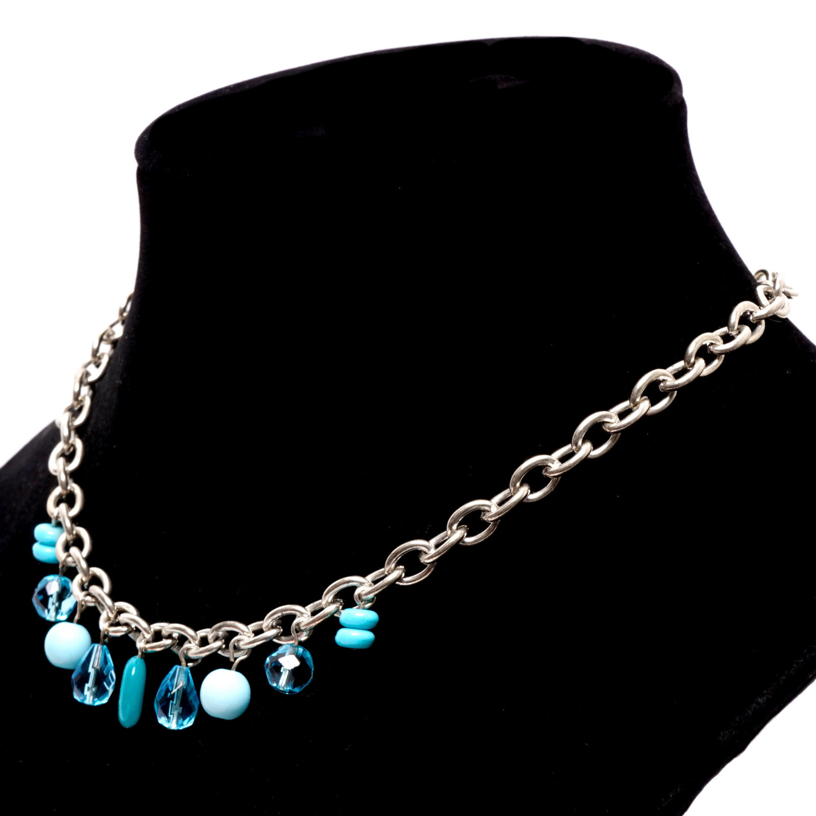 Necklace Aquamarine and Faceted Glass Crystals Silver Tone Chain Vintage