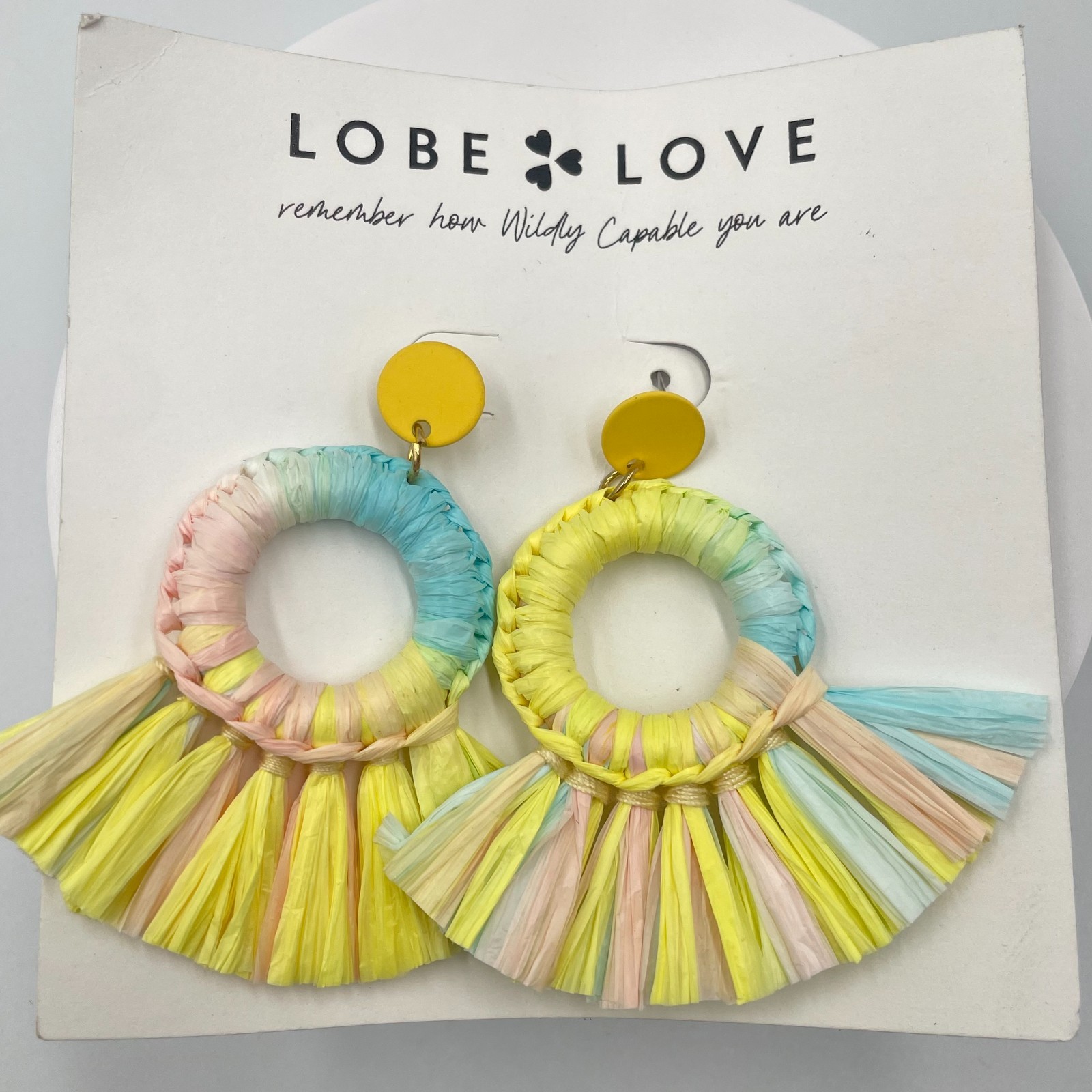 Vintage Pastel Multi-Color Straw Woven Raffia Hoop Drop Fringe Statement Earring
