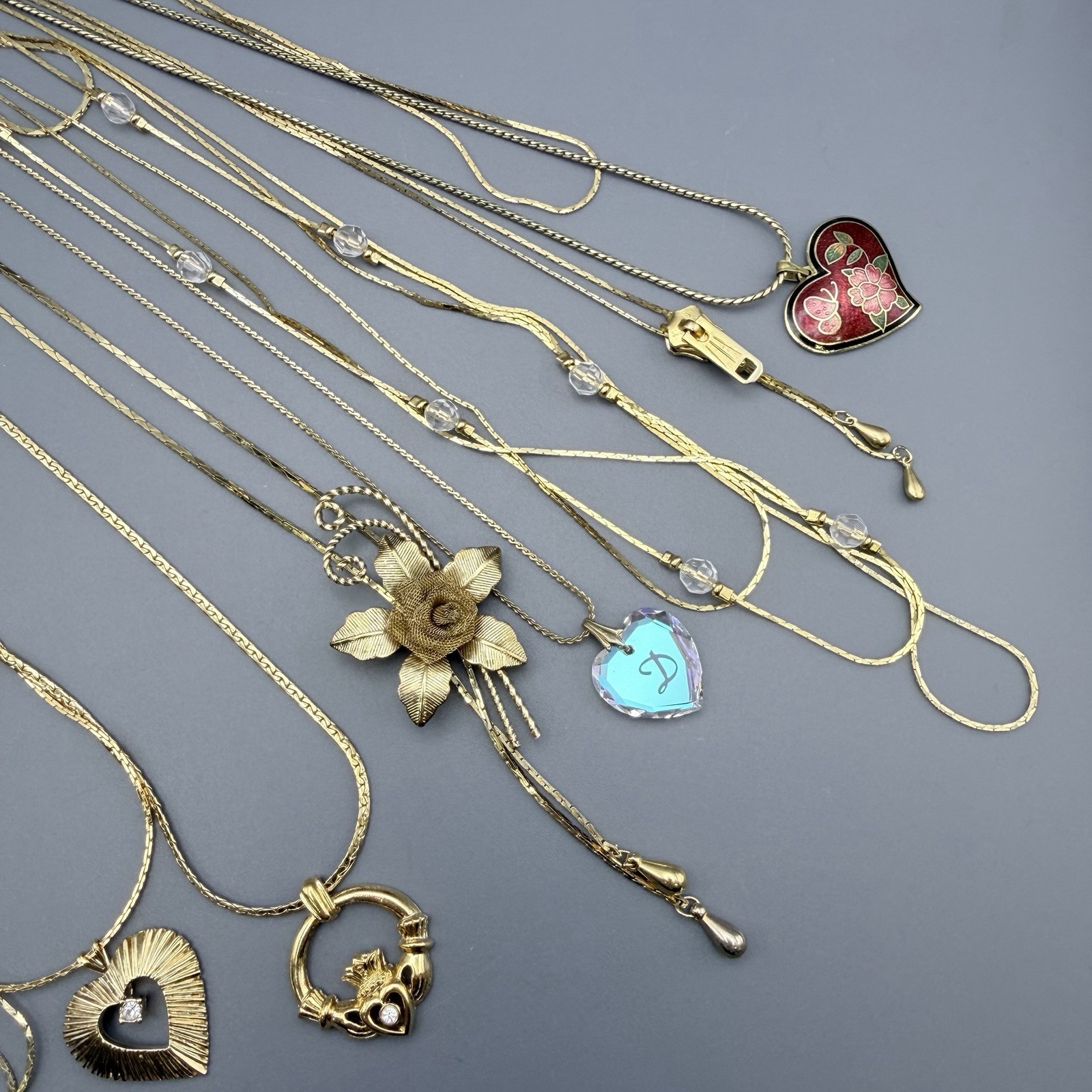 Vintage Necklaces Lot Of 8 Gold Tone Cloisonne Heart Floral Claddagh Zipper