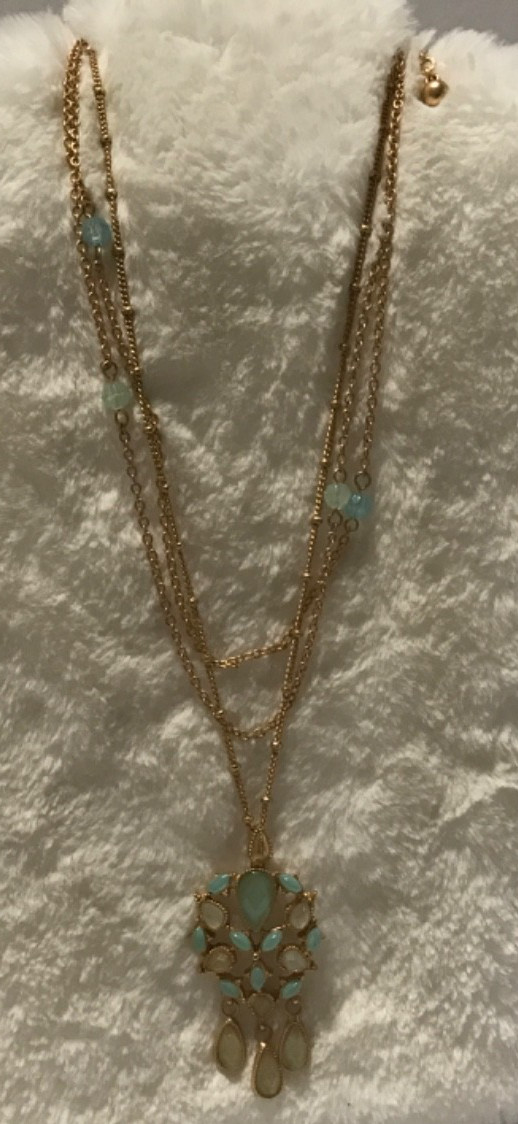 Mid-Century, Vintage Drop Dangle Tear Drop Ice Blue Gold Tone 3 Strand Necklace
