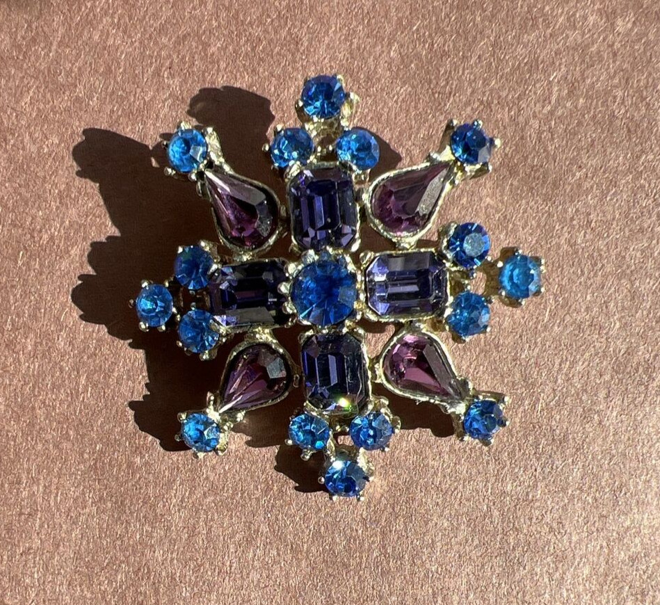 Silver Tone Blue And Purple Rhinestone Starburst Brooch app. 2″ Diameter