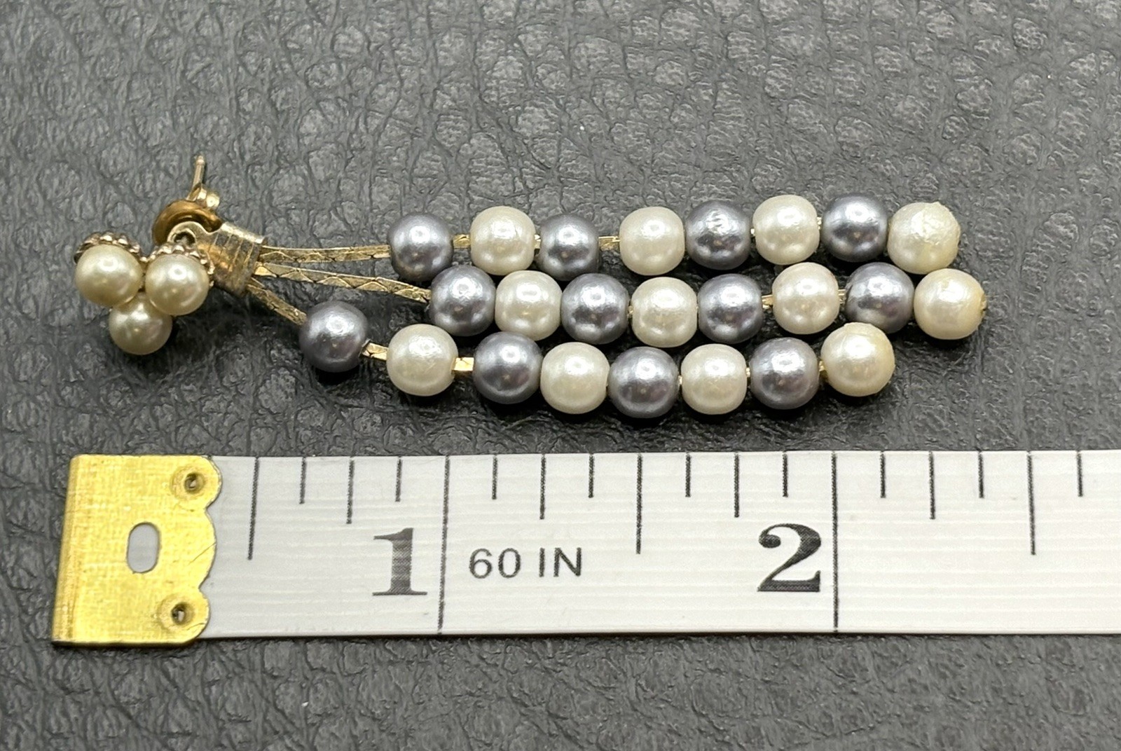 Vintage Imitation Pearl Gold Tone Necklace Pierced Dangle Fringe Earrings Set
