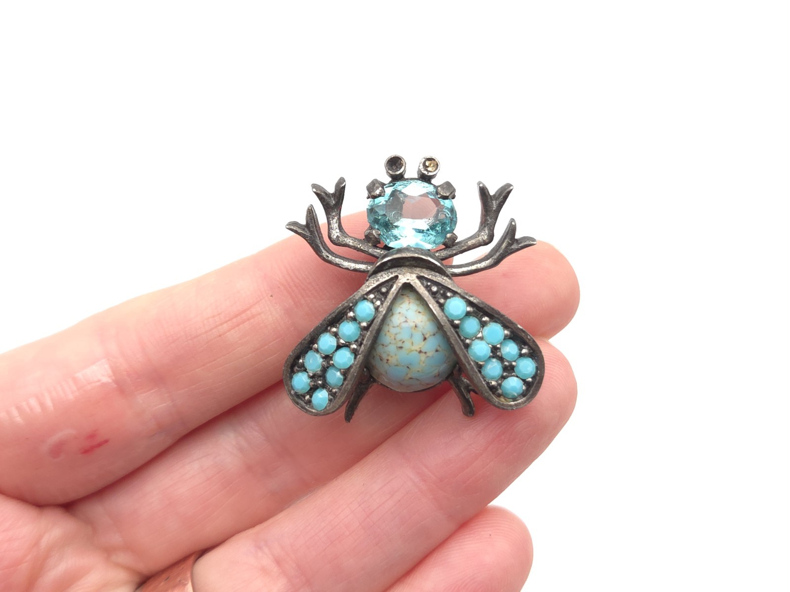 Vintage WEISS Blue Glass Rhinestone Faux Turquoise Bee Bug Beetle Brooch Pin