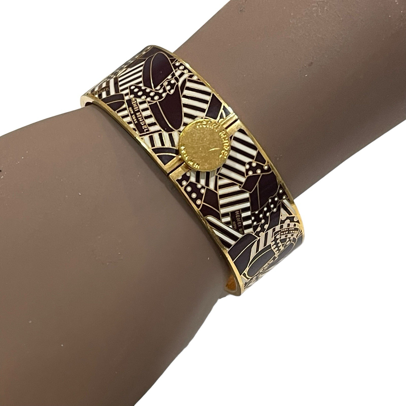 Henri Bendel Bangle Bracelet Gold Tone Brown Abstract Pattern Enamel Hinged Wide