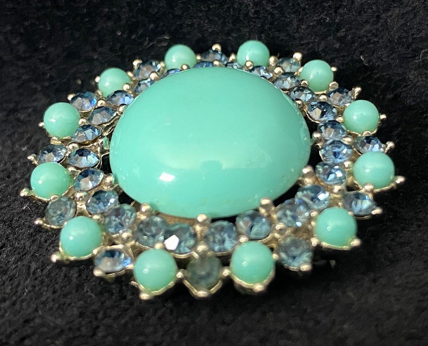 Vintage, Signed, Trifari Costume Jewelry Brooch Faux Turquoise Blue Rhinestones
