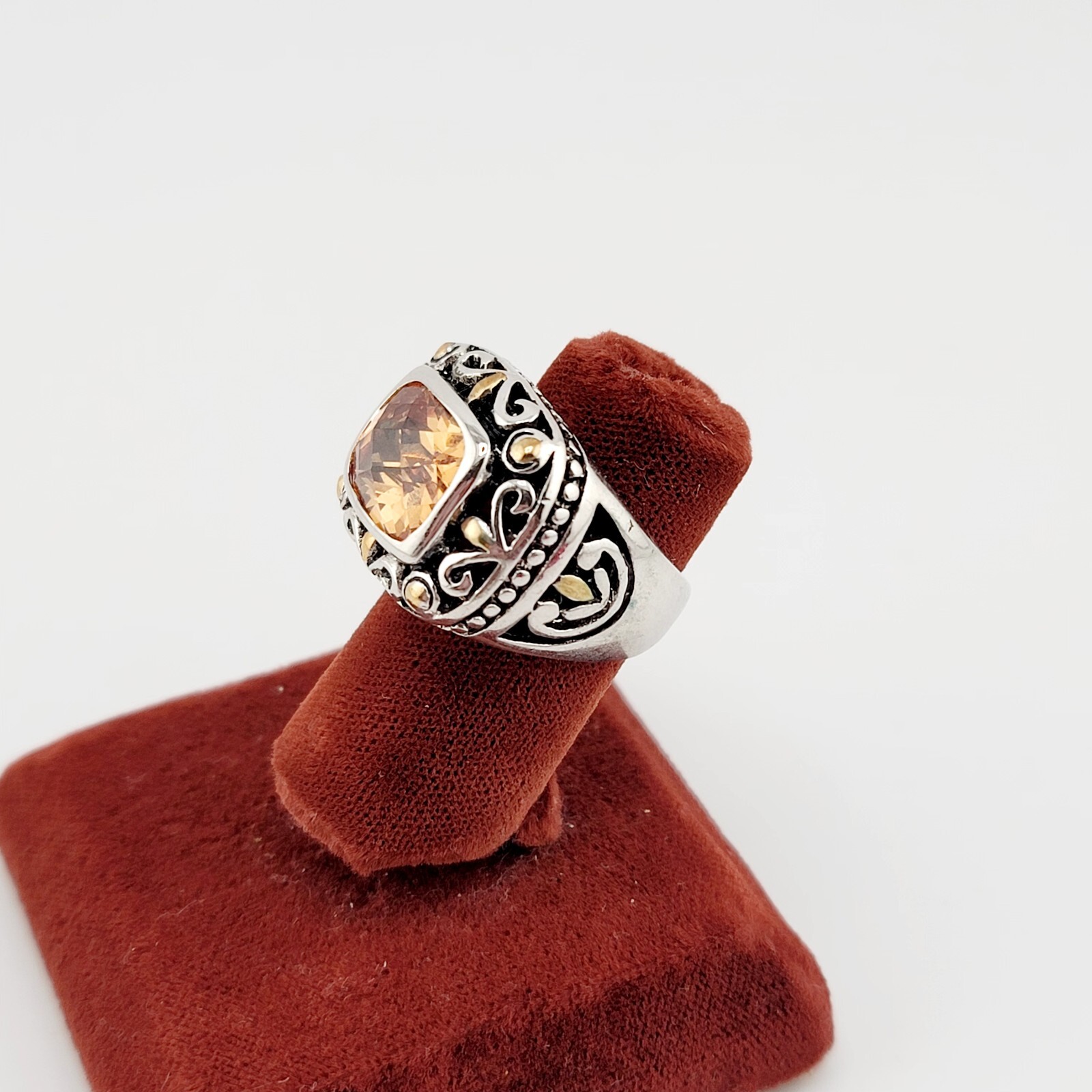 Vtg Ring Sz 7 Citrine Topaz Amber Cubic Zirconia Medieval Jewelry Flower A#04