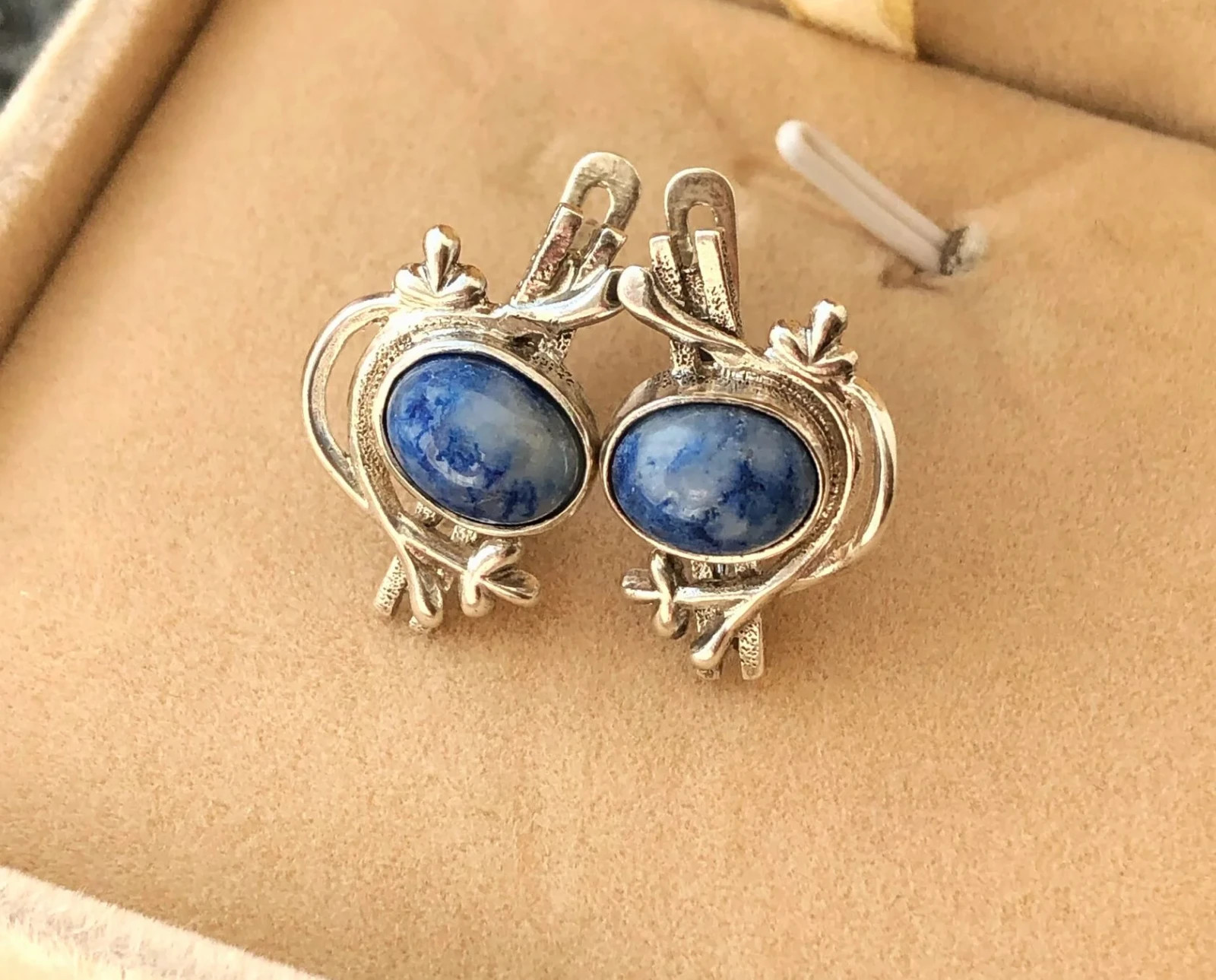 Estate Vintage Soviet Earrings Sterling Silver 925 Lapis Lazuli Jewelry USSR