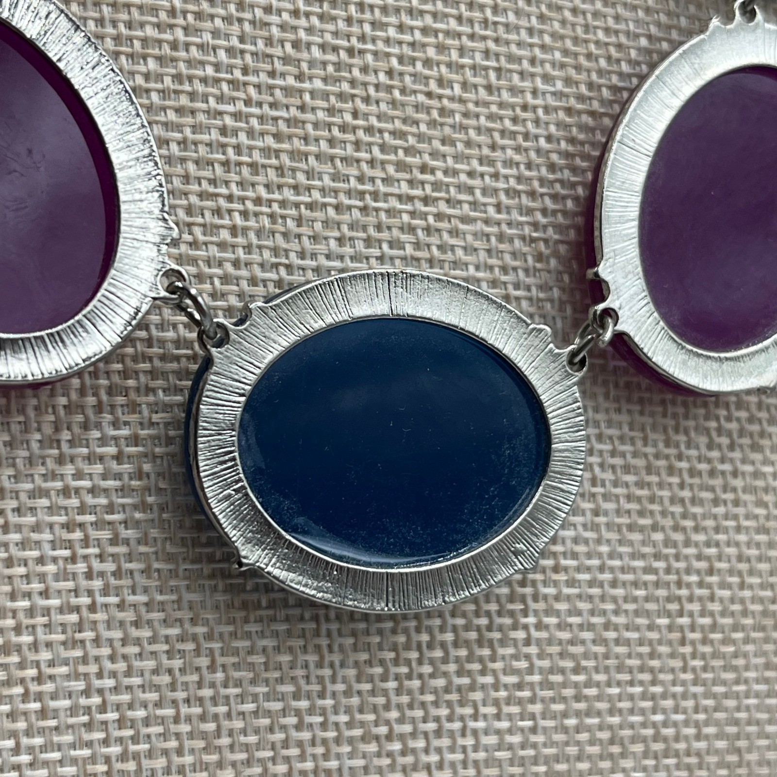 Vintage Deep Purple Navy Blue Faceted Acrylic Statement Necklace Silver Tone Bib