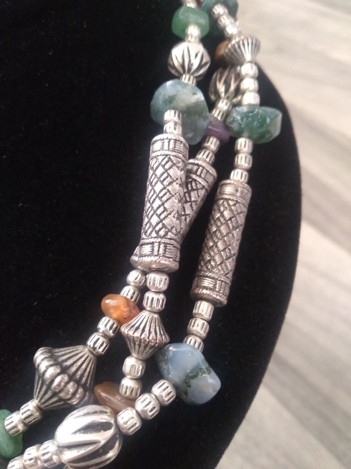 Vintage Silver Stone Necklace Beaded 3 Strand 18 inches