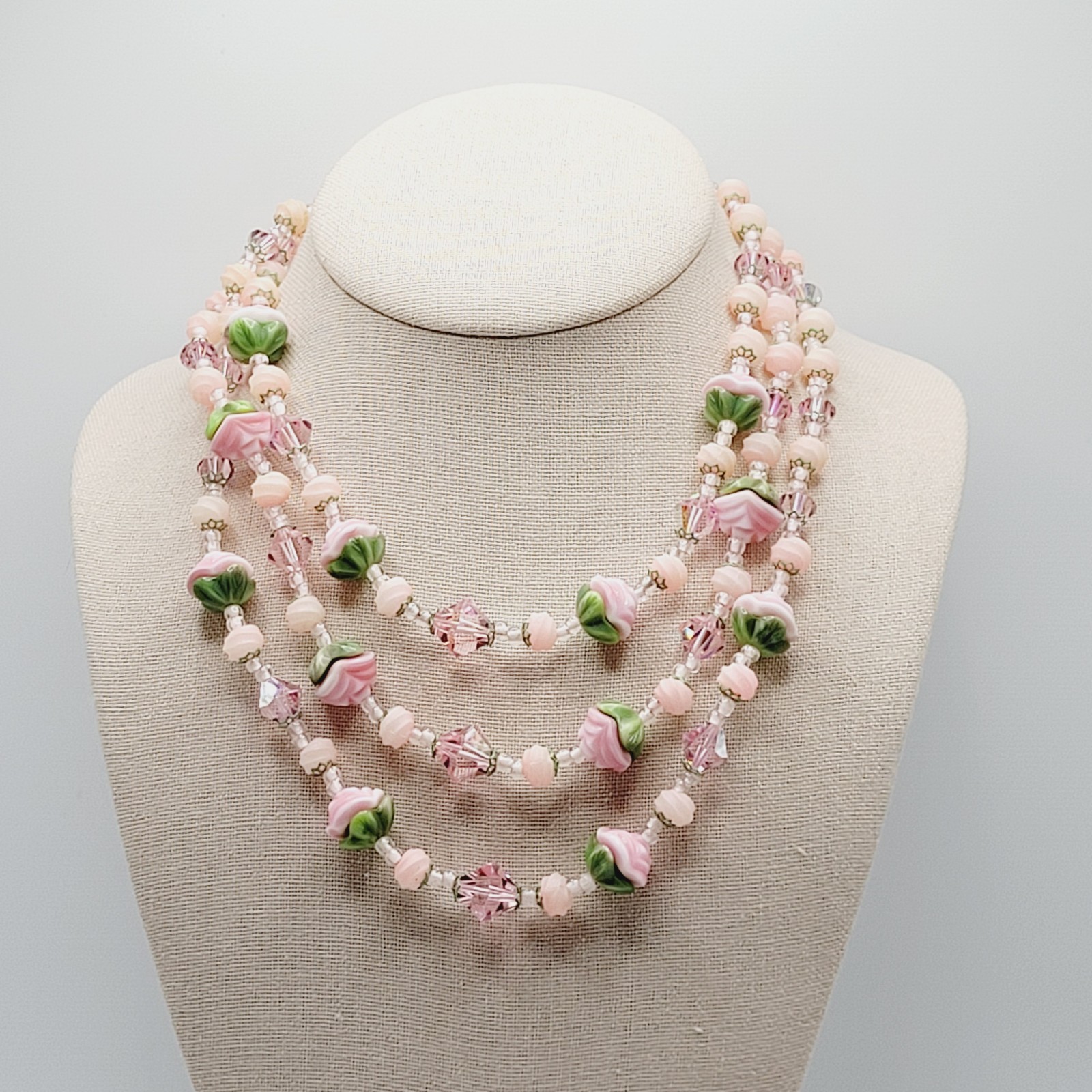 Triple Strand Glass Pink Rosette Green Bottom Rosebuds Bicone Crystal Necklace