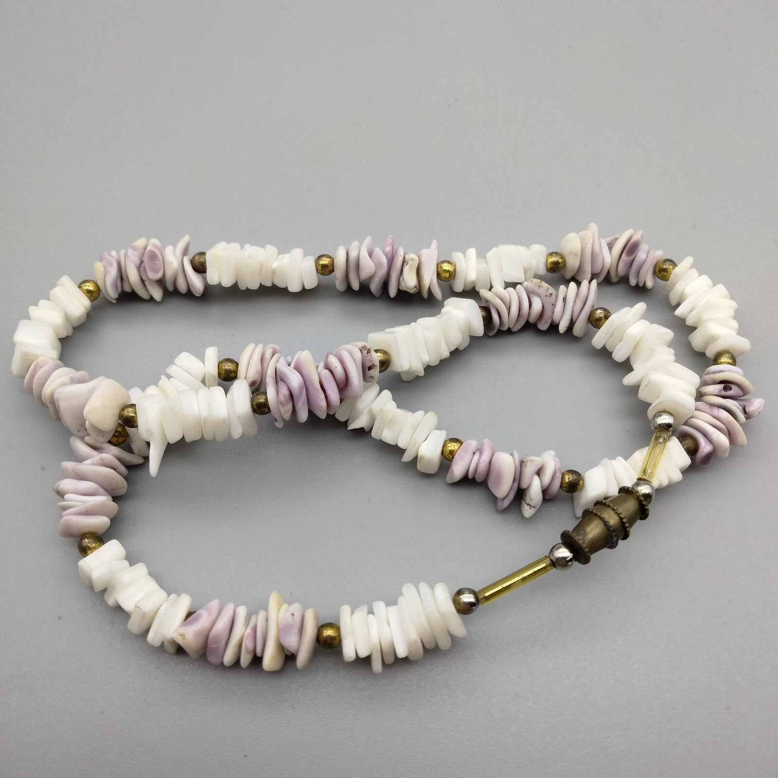 MermaidCore Purple White Puka Choker Necklace Surfer 16″ Gold Tone VTG Beach