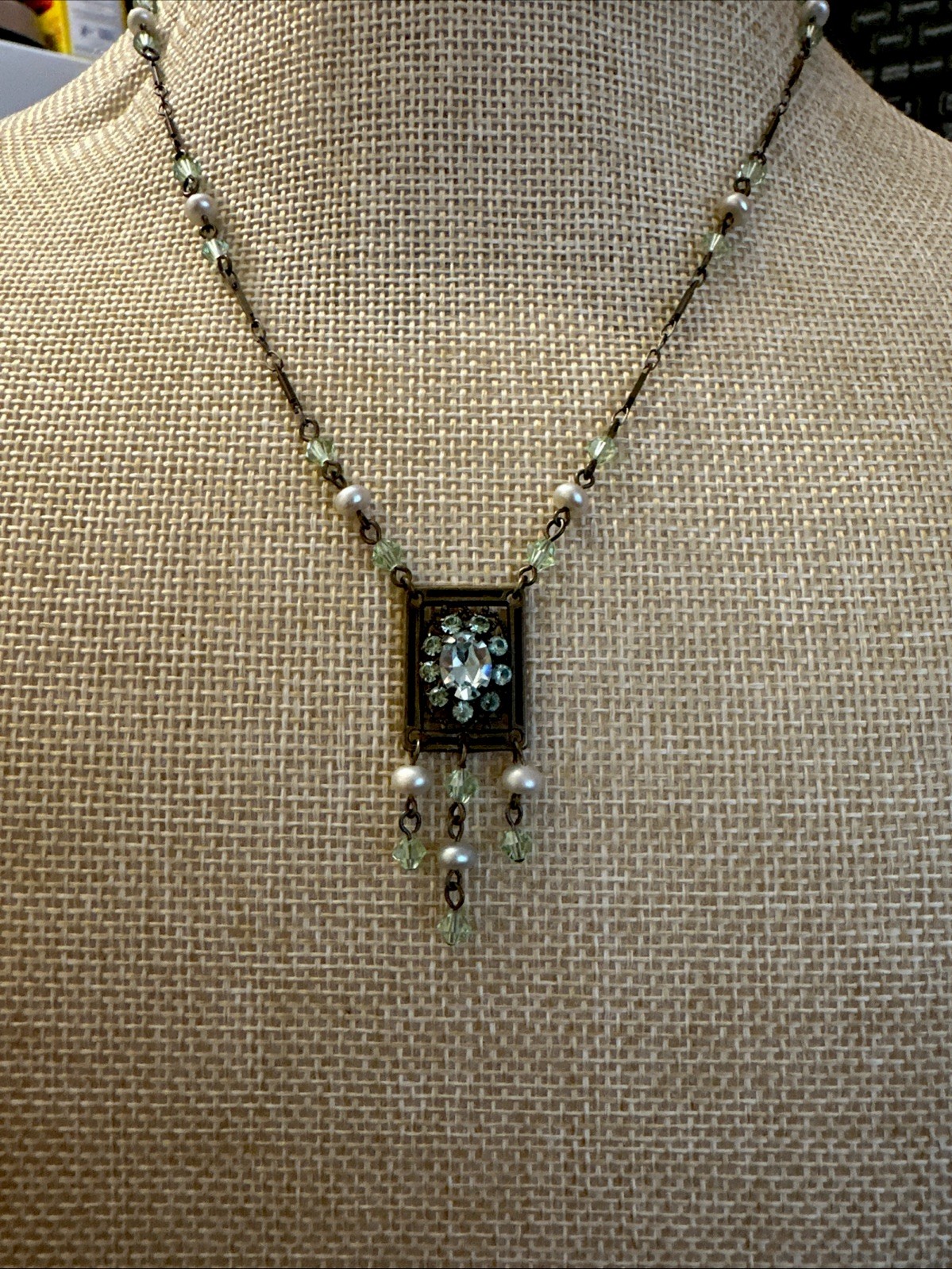 Liz Palacious SF Necklace Peridot Color Rhinestones & Crystals Victorian Revival