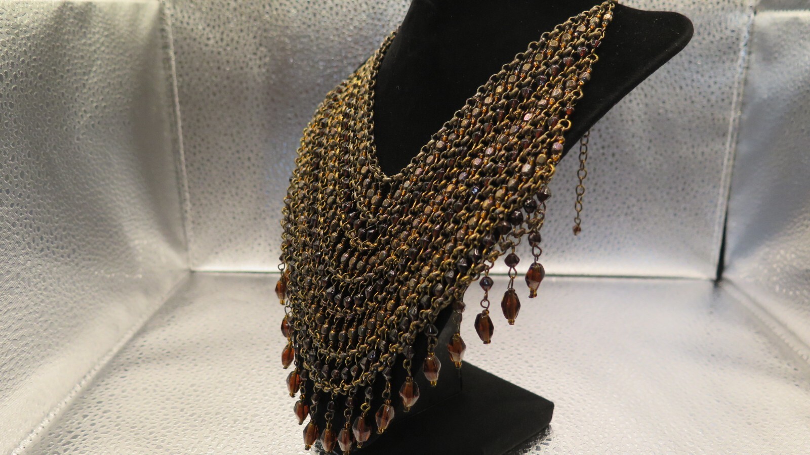 Vintage Collar Beaded Necklace- Brown Beads and Bronze Tone Chain