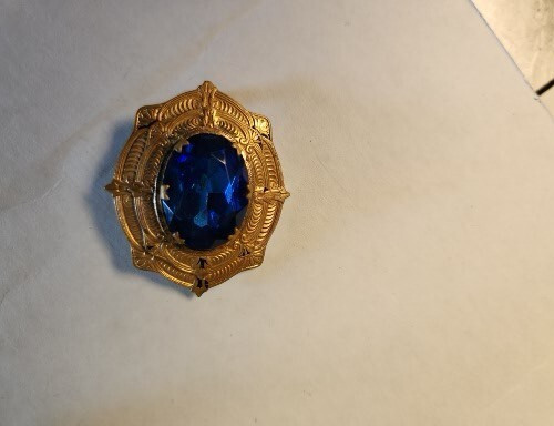Vintage Brooch Pin Filigree Gold Filled Glass Blue Faceted Stone B20