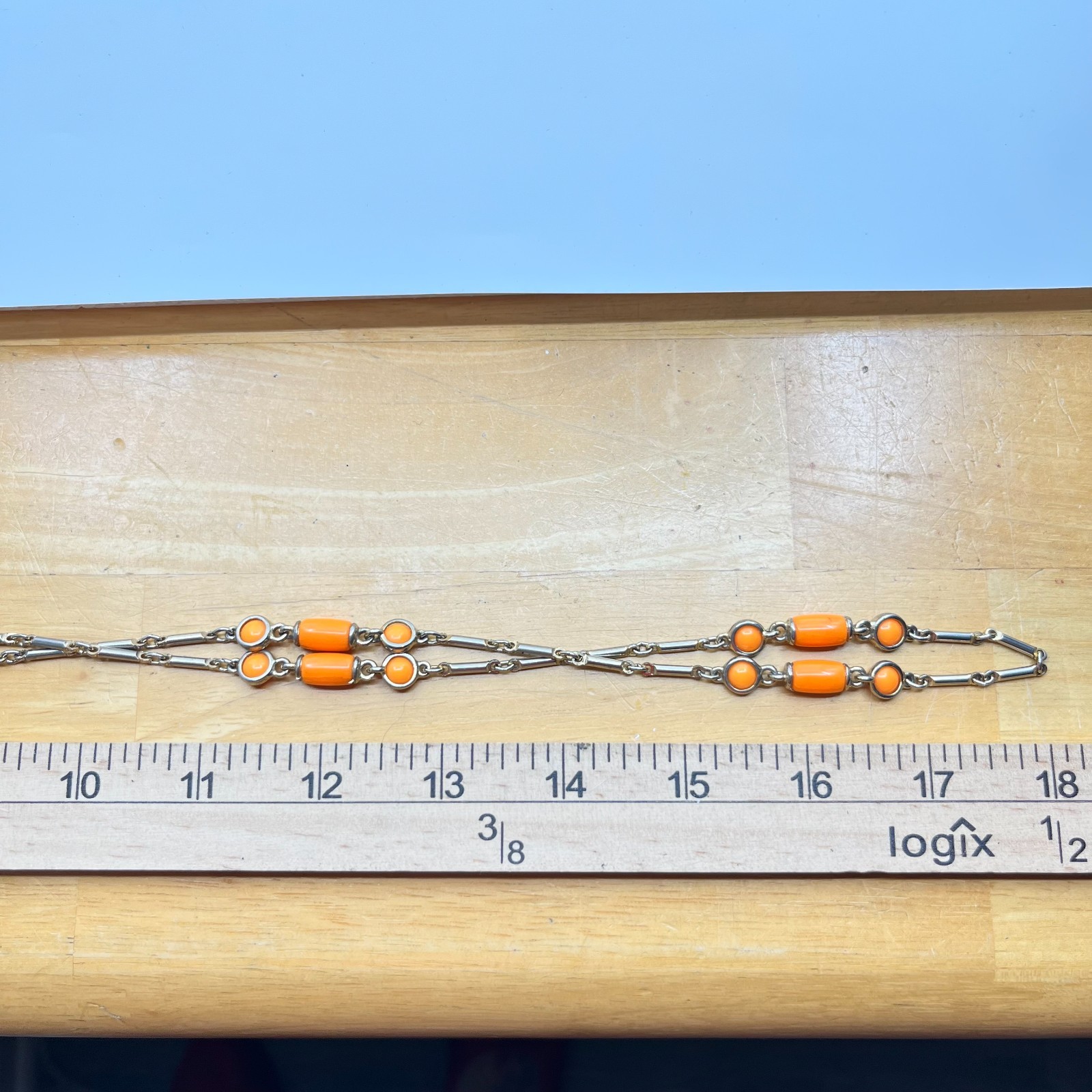 Vintage Orange Enamel Bar Link Station Necklace Silver Tone Mod 36″ Spring Ring