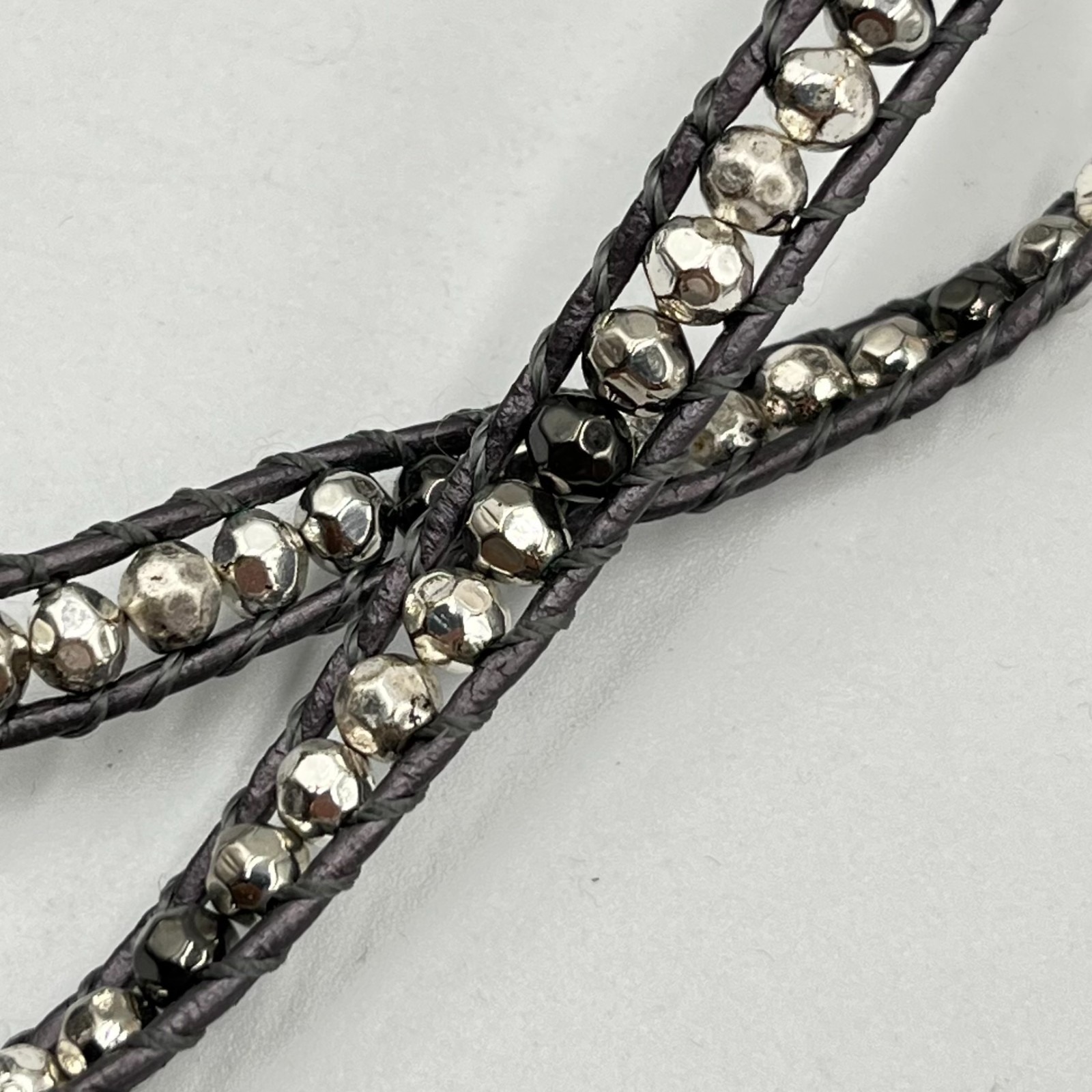 Vintage Boho Silver Mixed Bead Brown Leather Wrap Necklace Bracelet Adjustable