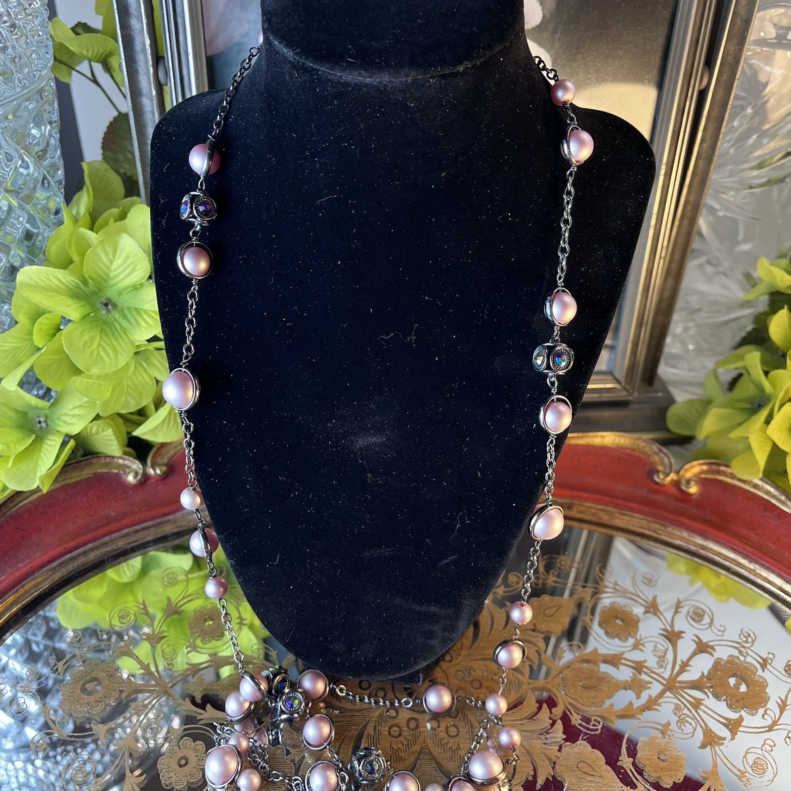 Vtg Coldwater Creek 52” Lavender Beaded Sautoir Necklace – AB Crystals -Gunmetal