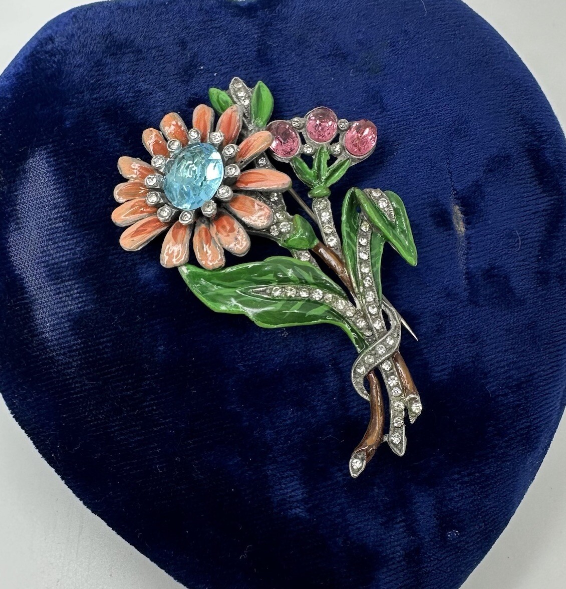 Vintage Art Deco Enamel Flower Brooch Trifari / Coro Style Pot Metal Spray Pin