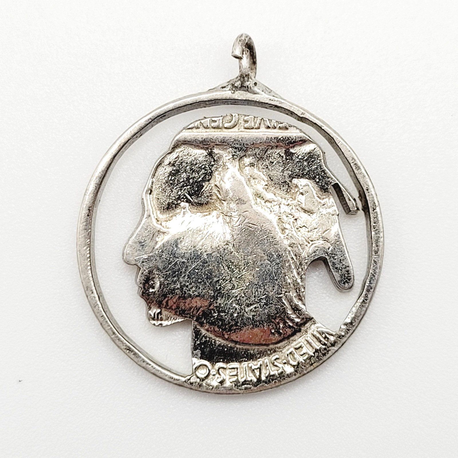 Shiny Buffalo Indian Nickel Silver Tone Cut Coin Pendant Cracked Bail For Repair