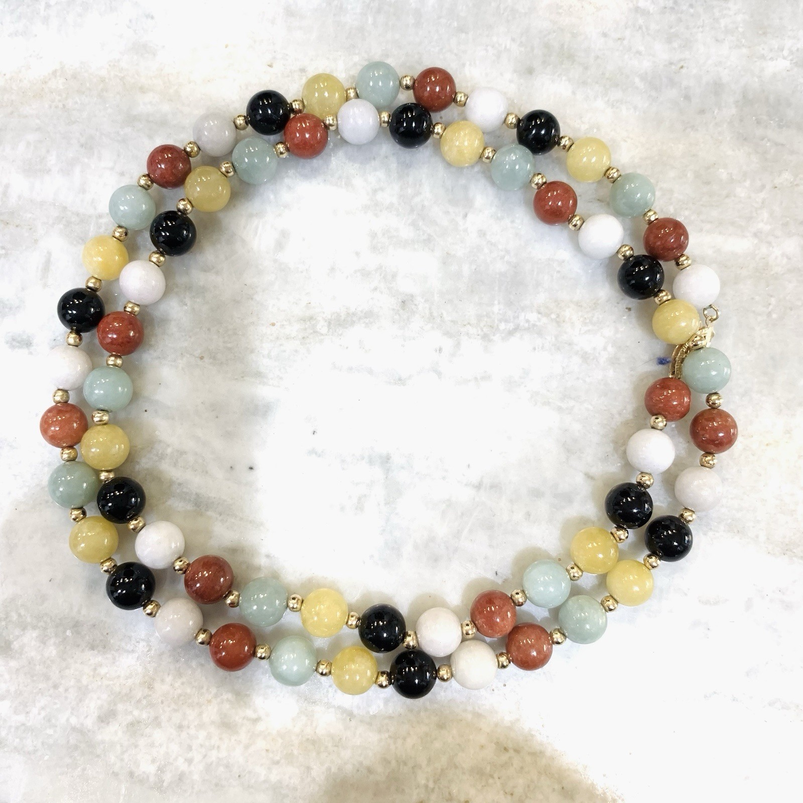 VTG JADE MULTICOLOR NECKLACE 14K Yellow Gold Beads Clasp 8mm Jadite ~55gr WW 25”