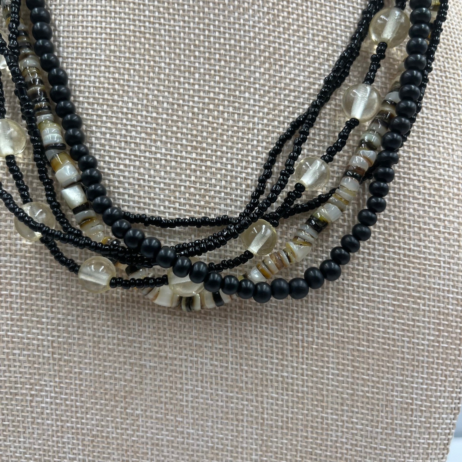 VTG Multi Strand Black Beaded Necklace Layered Shell Glass Mixed Media Statement