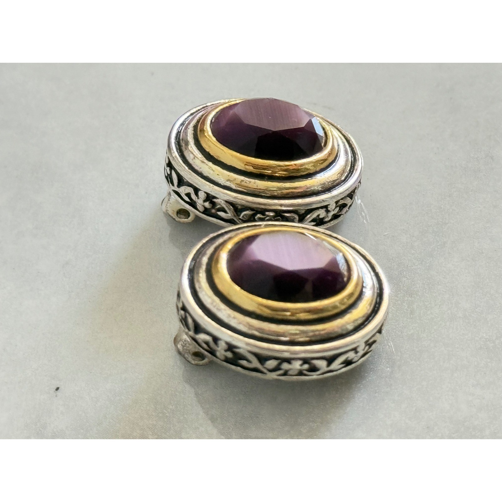 Vintage Mixed Metal Purple Stone Oval Clip On Earrings Silver Gold Tone Scroll