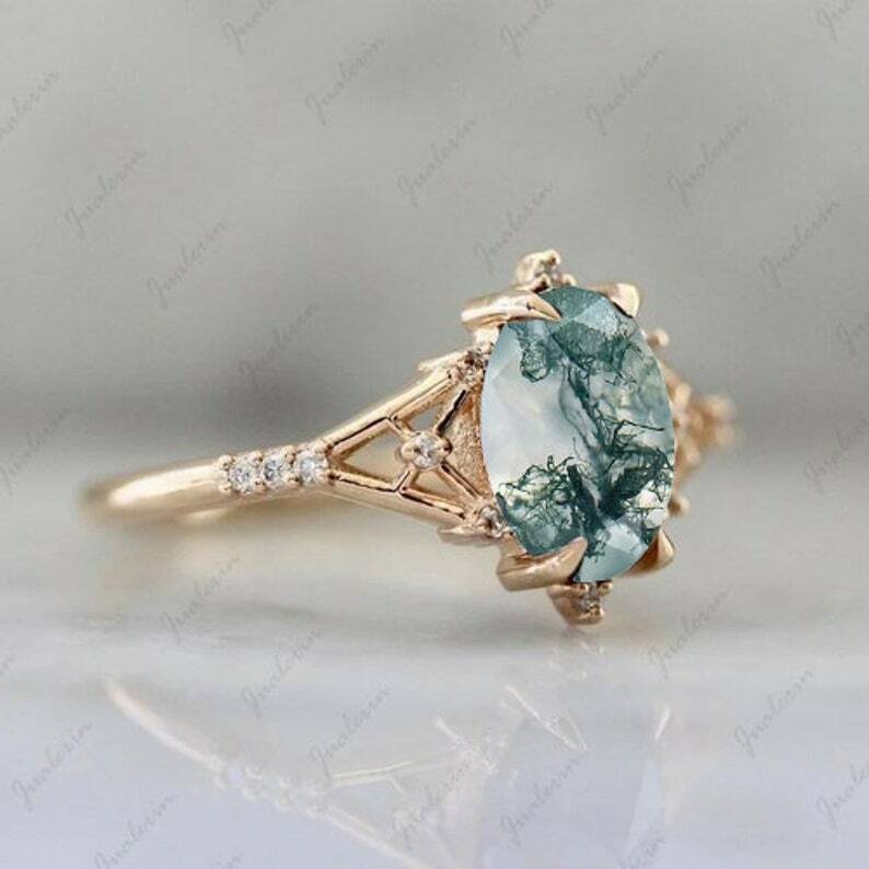 2pc Moss Agate Engagement Ring 14K Gold Plated Sterling Silver Ring Gift For Her