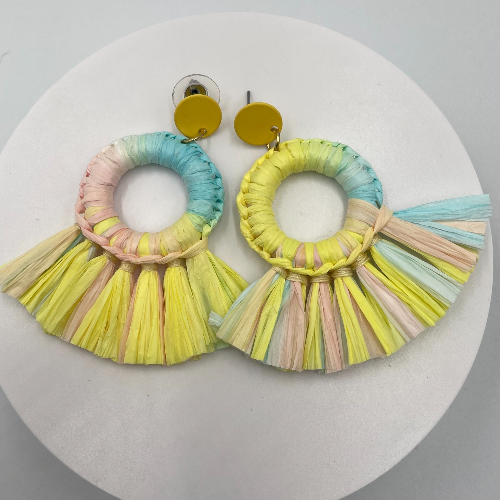 Vintage Pastel Multi-Color Straw Woven Raffia Hoop Drop Fringe Statement Earring
