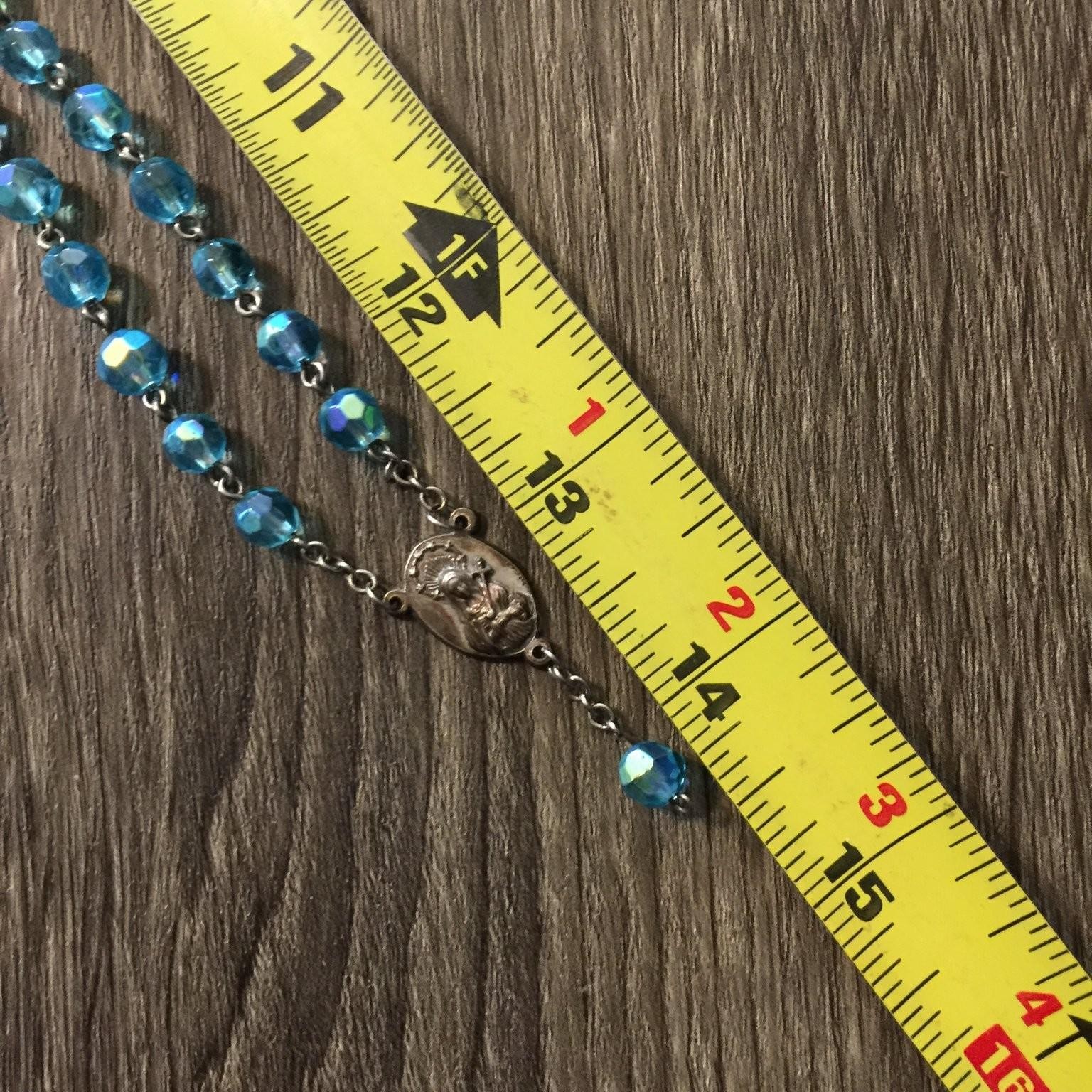 Vintage Rosary Necklace Silver Tone Faceted Acrylic Aqua Blue Beads
