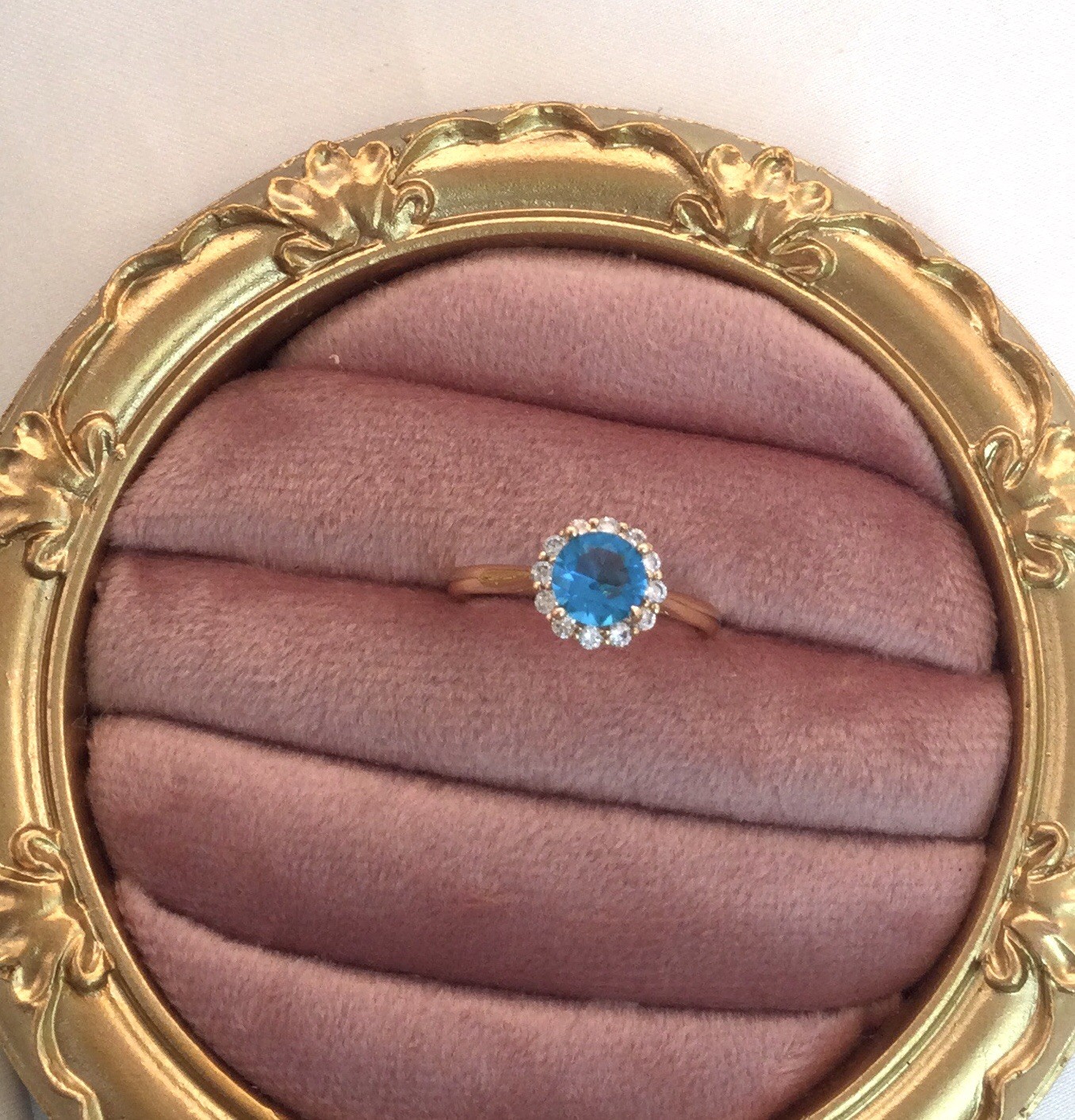 Vintage Jewellery Gold Ring Blue Topaz White Sapphires Antique Deco Jewelry P