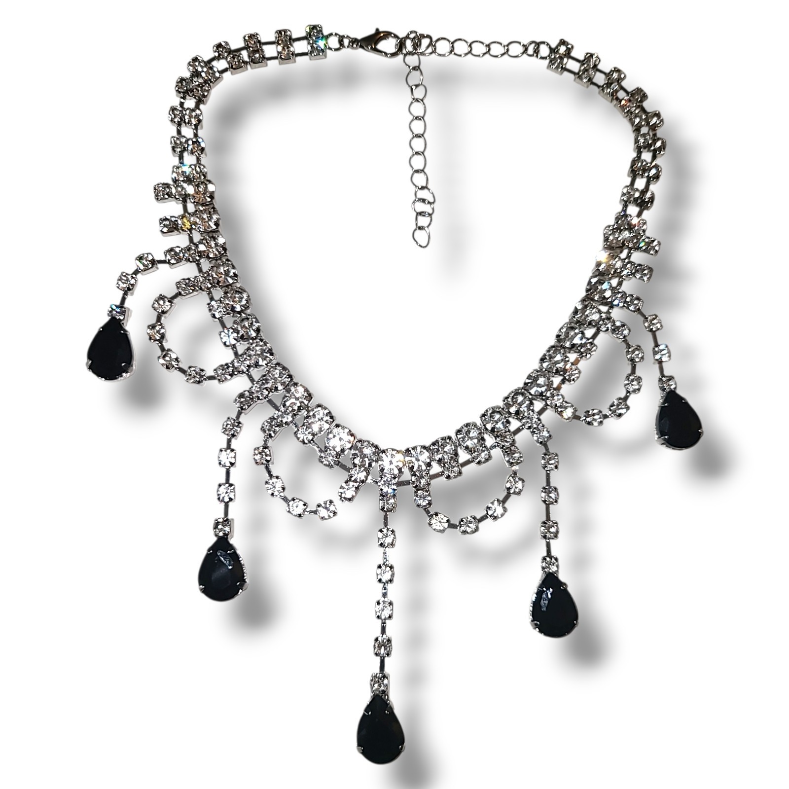 Vintage Black Rhinestone Festoon Choker Necklace Silver Tone Goth Prom 16″