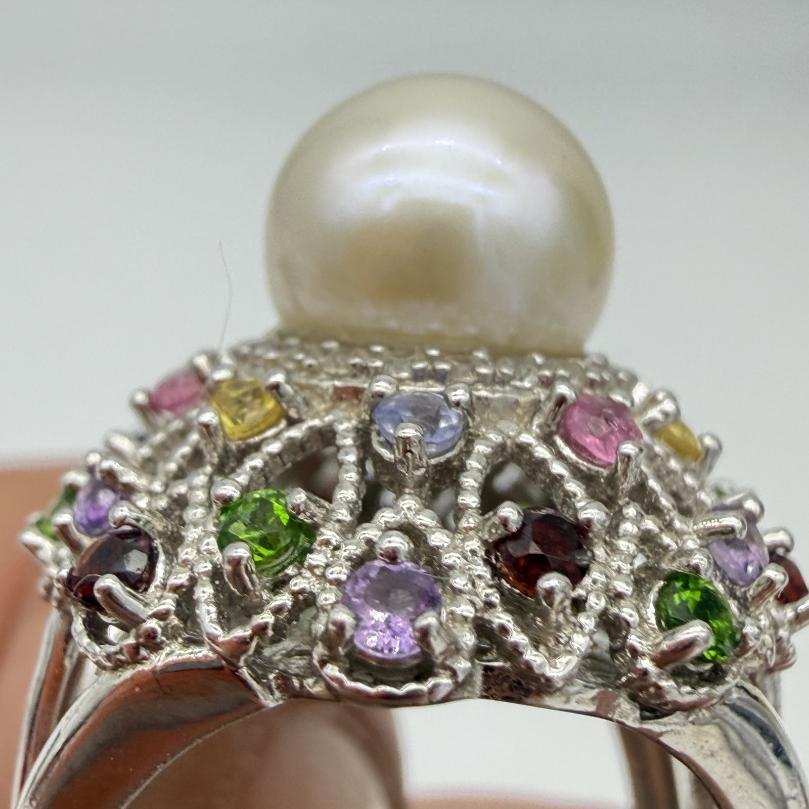 Vtg JZ Sterling Silver Pearl Gemstone Princess Ring Garnet Period Size 6 QVC