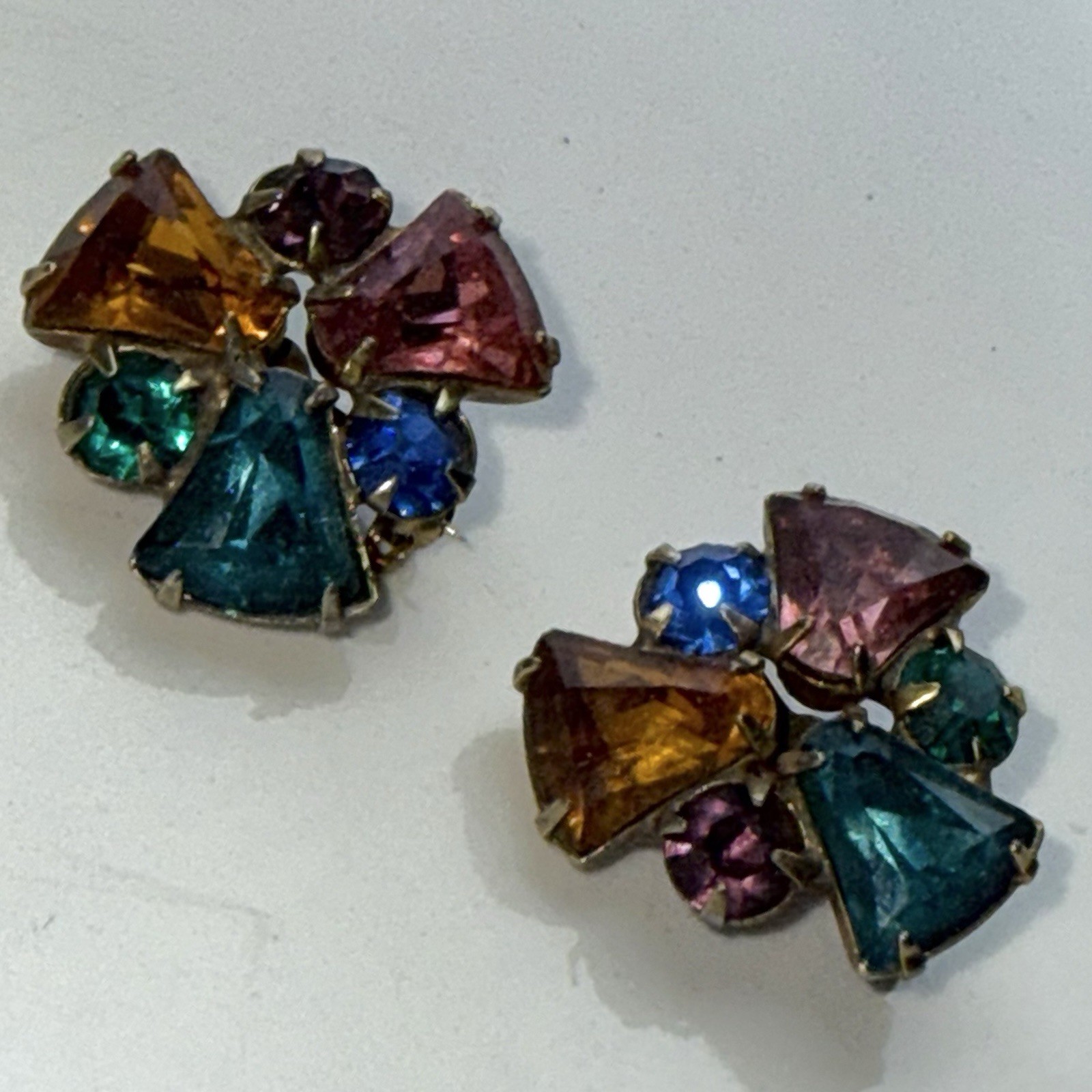 Vintage Rhinestone Scatter Collar Brooch / Pin Pair Multicolor Stones Gold Tone
