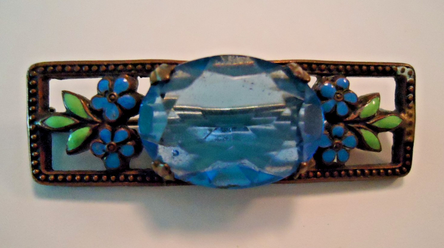 Vintage Blue Rhinestone Enamel Floral 1-1/2 Inch x 1/2 Inch Brooch Pin